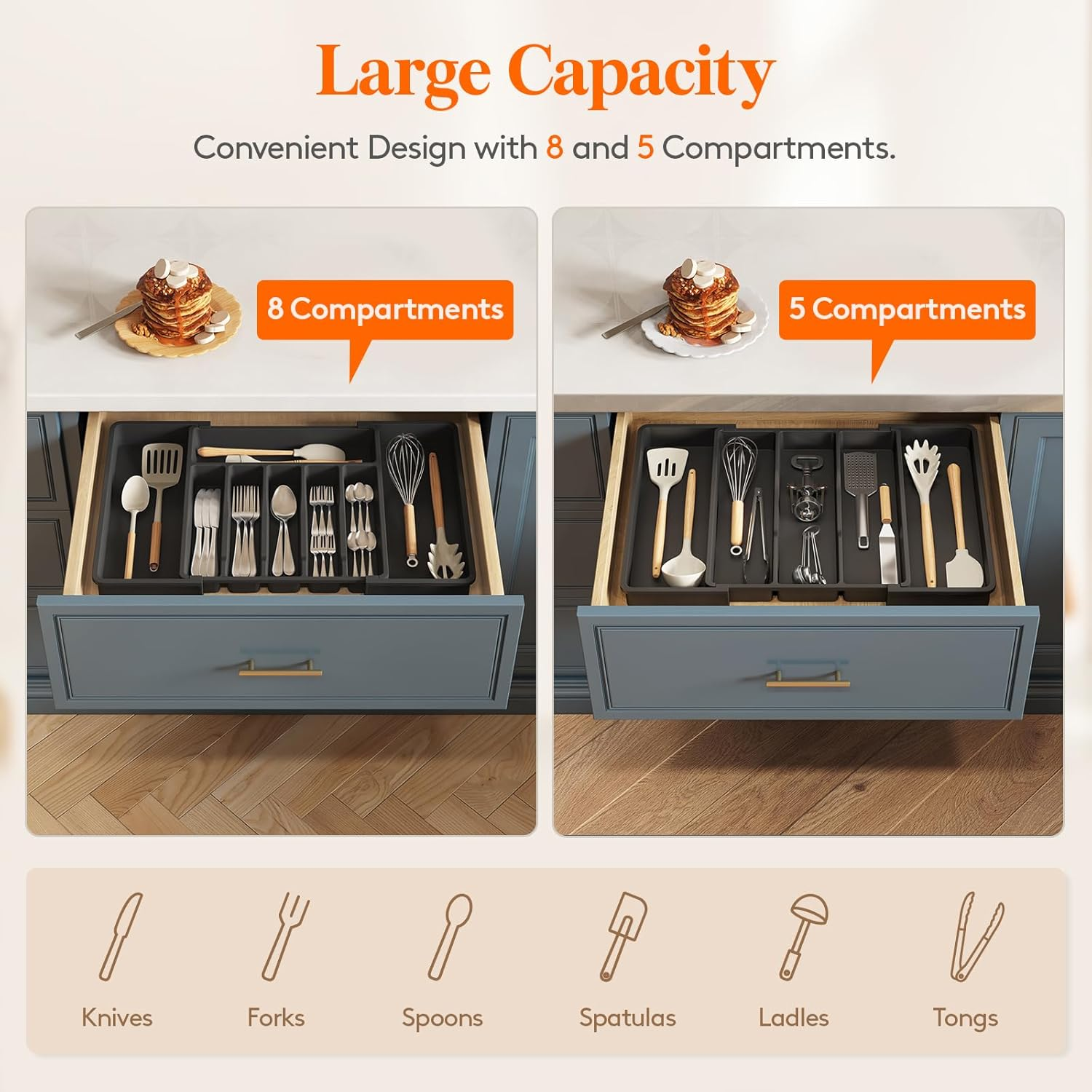 Lifewit Silverware Drawer Organizer and Utensil Organizer Set, Expandable Cooking Cutlery Tray for Kitchen, Adjustable Plastic Flatware Holder Storage Divider for Spoons Forks Knives, Large, Black image number 4