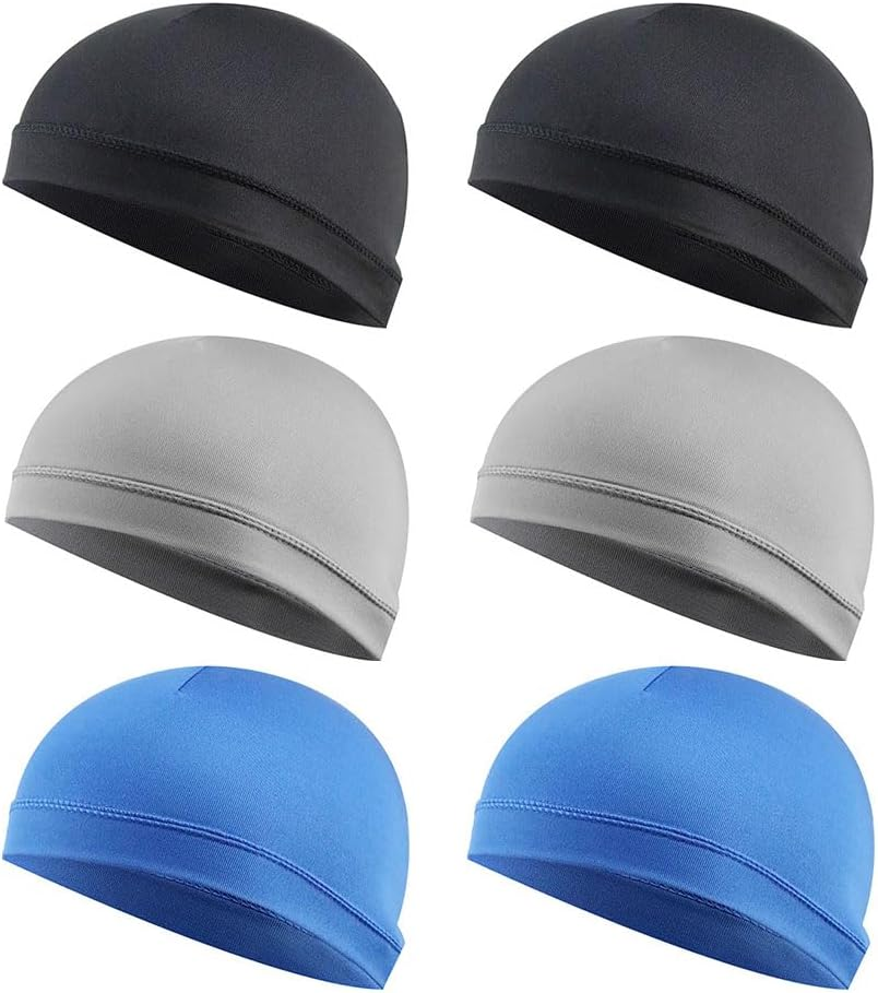 JZS Helmet Liner Skull Caps 6 Pieces Sweat Wicking Cycling Running Hat for Men Women(Black+Blue+Grey)