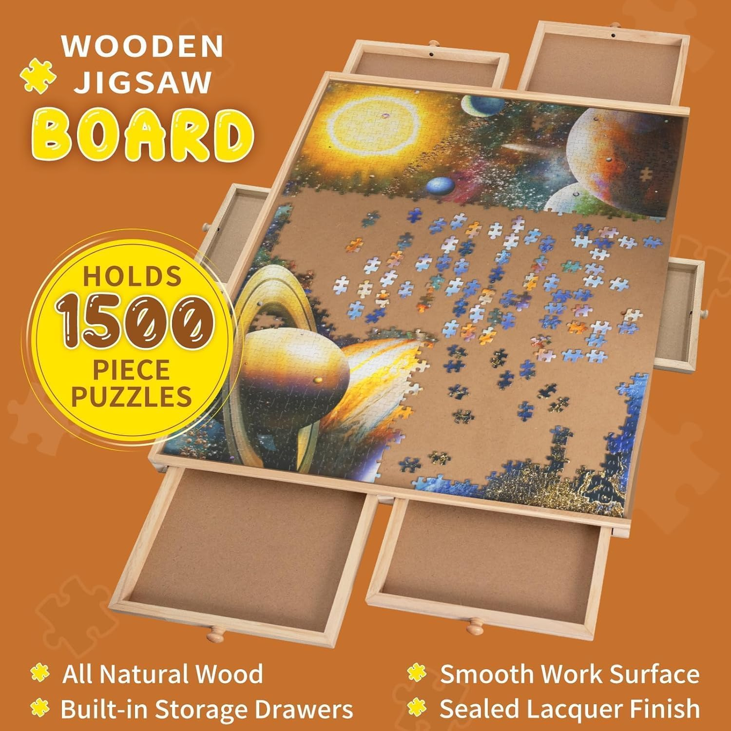 1500 Piece Rotating Puzzle Board with Drawers-Portable Wooden Jigsaw Table for Adults-Large Sorting and Storage Gifts (Natural Wooden) image number 4