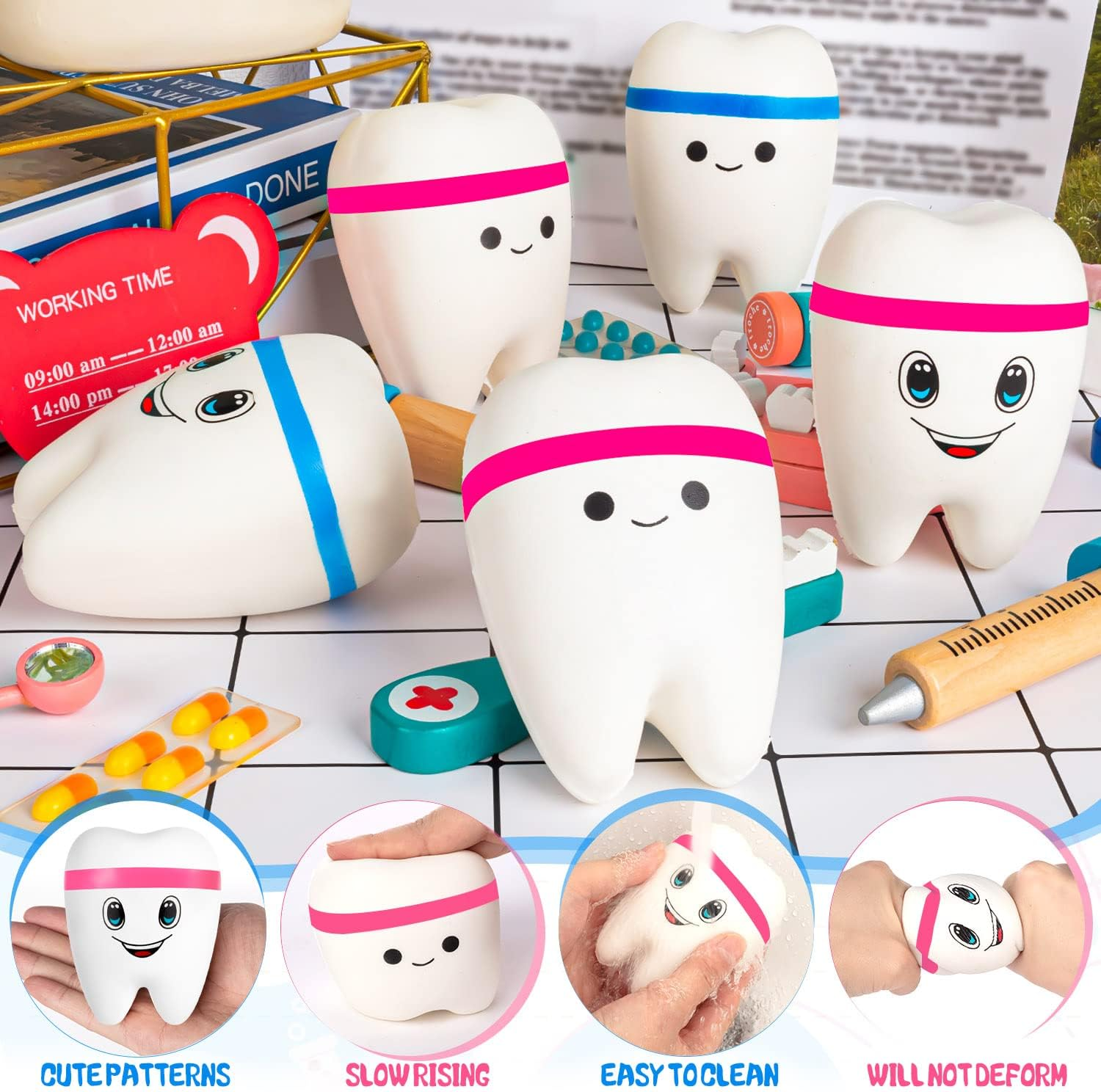 4 Pcs Jumbo Slow Rising Tooth Toy, Cute Teeth Stress Balls Toys, Squeeze Fidget Toys for Adults Kids Party Favors image number 4