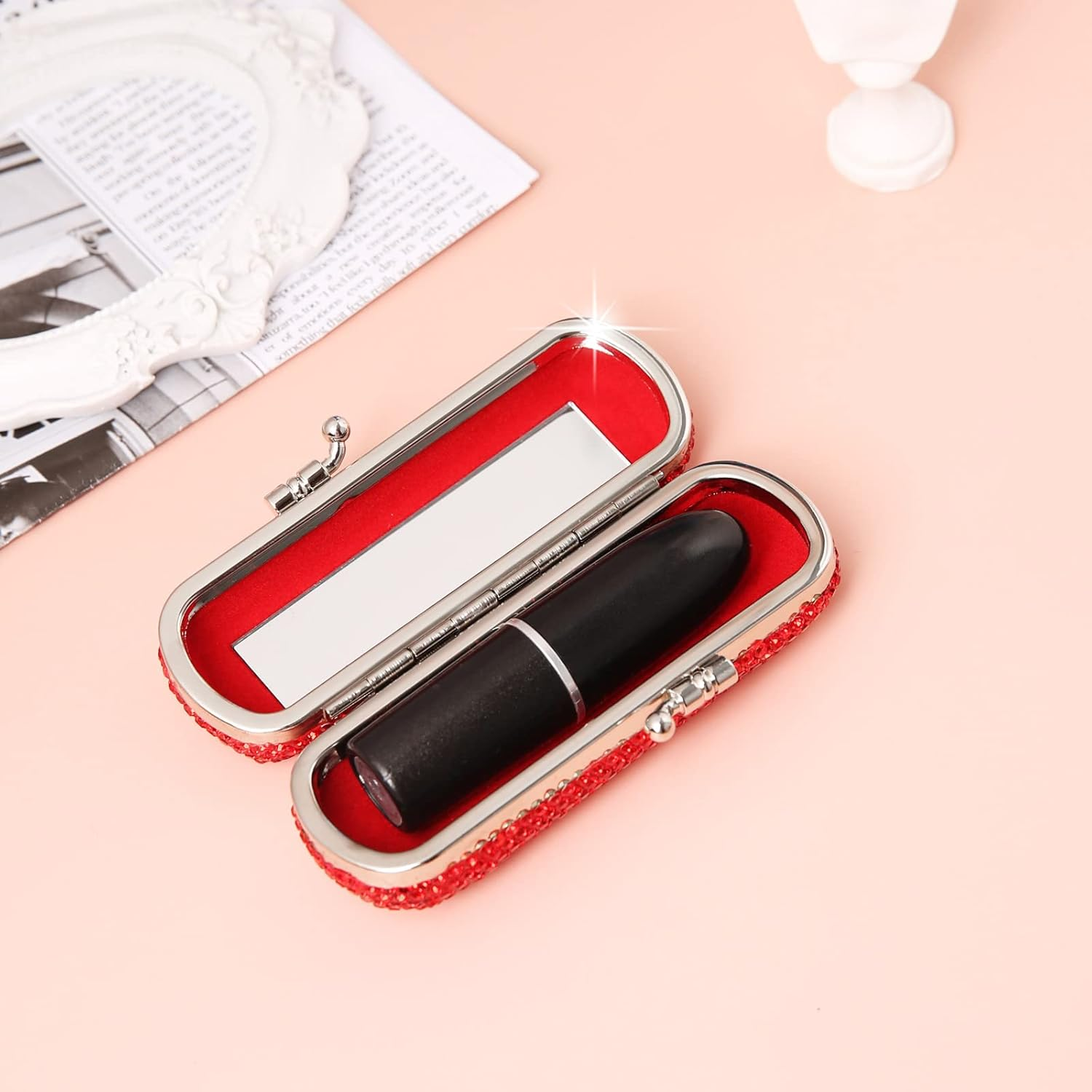 Asalways Shiny Rhinestone Crystal Portable Lipstick Case with Mirror Portable Bling Diamonds Makeup Cosmetic Storage Holder for Travel Ladies Fashion, Red image number 5
