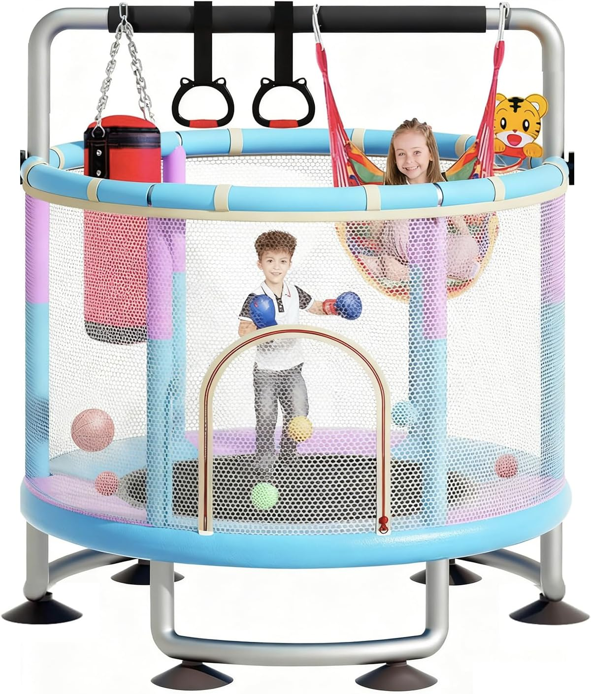 60" Trampoline for Kids with Enclosure, 440Lbs Capacity Indoor & Outdoor Toddler Trampoline with Adjustable Gymnastics Bar & Toys, for Boys & Girls