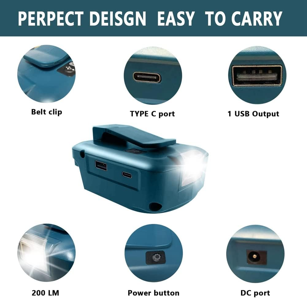 Battery Adapter for Ma-Kita 18V ADP05 with & USB Charger & 12V DC Port & Type C Connector & 3W