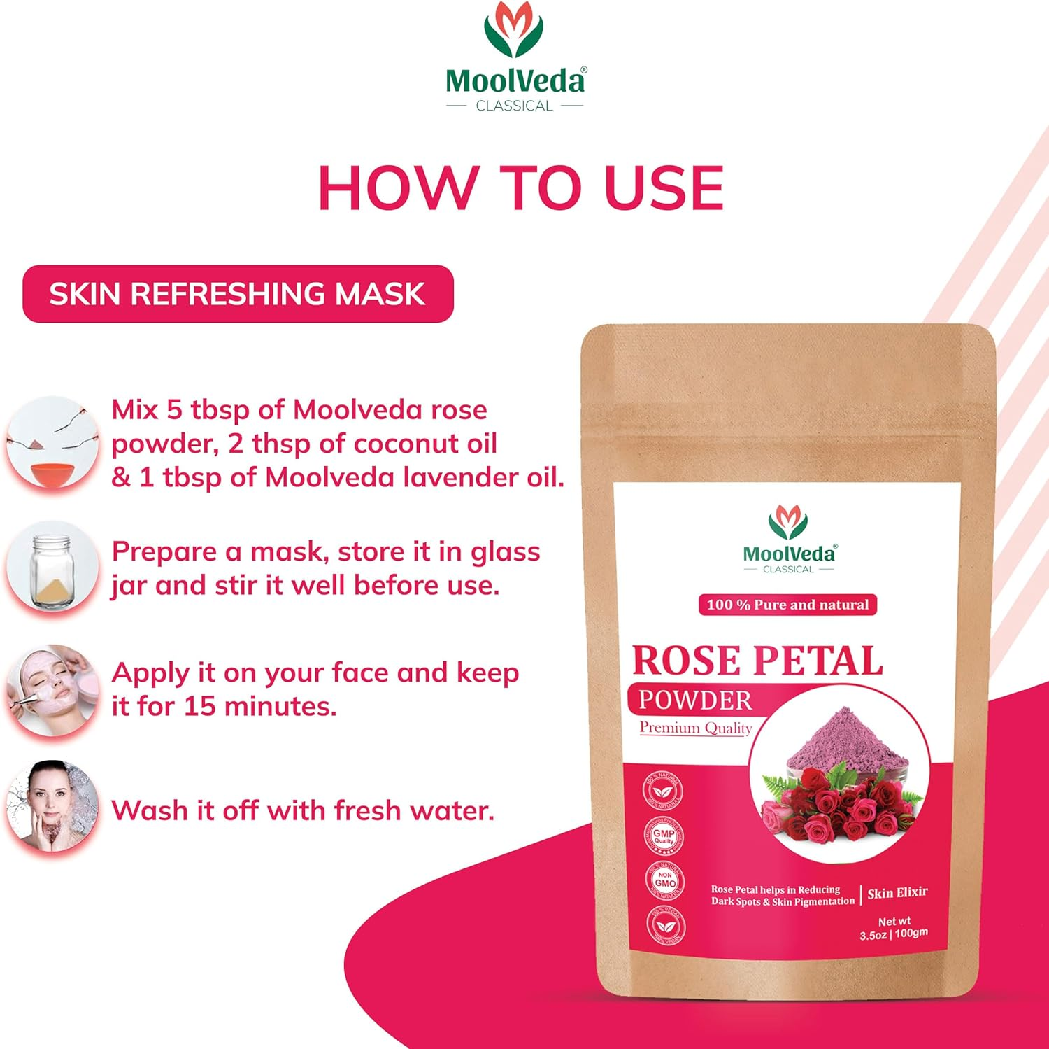 Pure & Natural Rose Petal Powder for Skin, Face Pack Mask for Fairness, Tanning & Glowing Skin, 100Gm image number 1