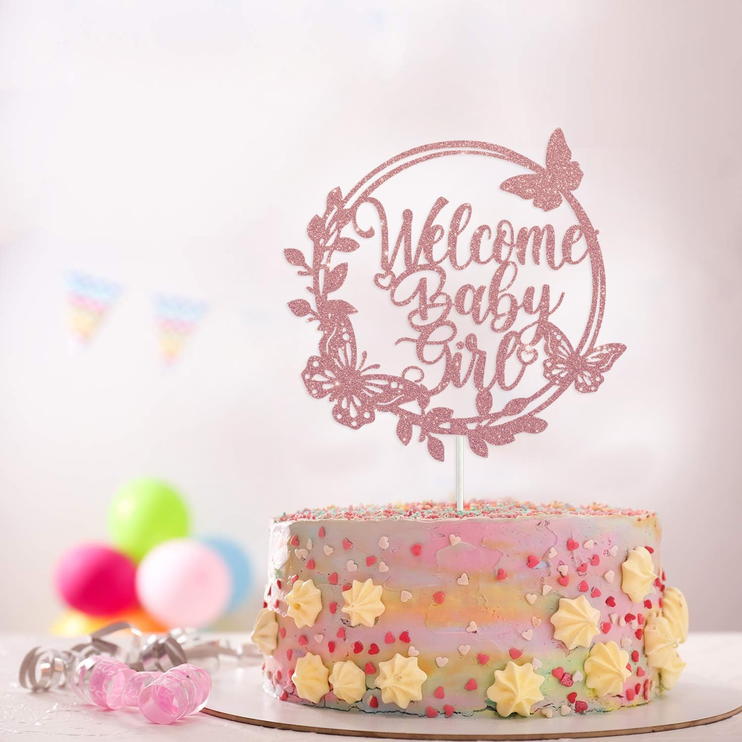 Welcome Baby Girl Cake Topper - Rose Gold Glitter Shower Decorations for Cake Decor