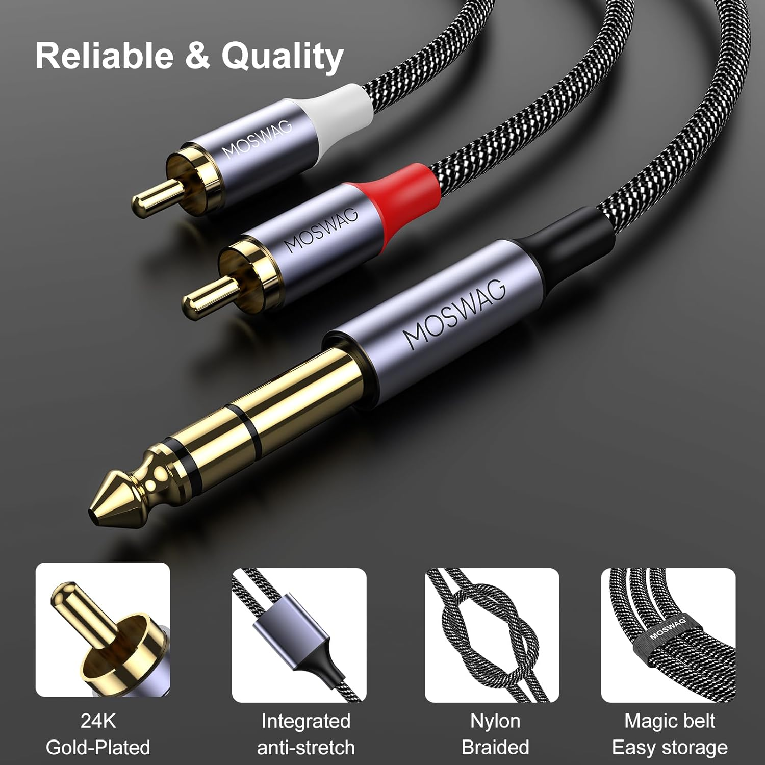 MOSWAG 1/4 to RCA Cable, Quarter Inch TRS to RCA Audio Cable 6.35Mm Stereo Jack to Dual RCA Insert Cable Y Splitter Cable image number 2