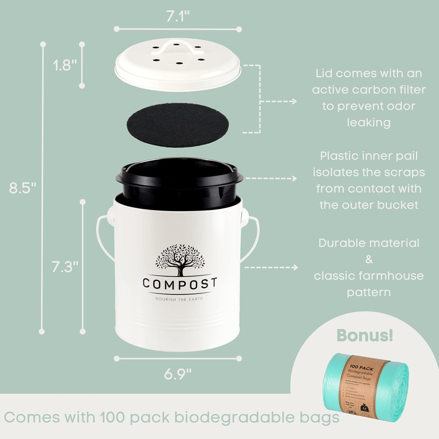 Perfnique Kitchen Compost Bin, 1.3 Gallon Countertop Compost Bin with Lid, Indoor Compost Bucket Includes Inner Bucket Liner and Carbon Filter, Small Compost Bin with Trash Bags - Cream image number 6