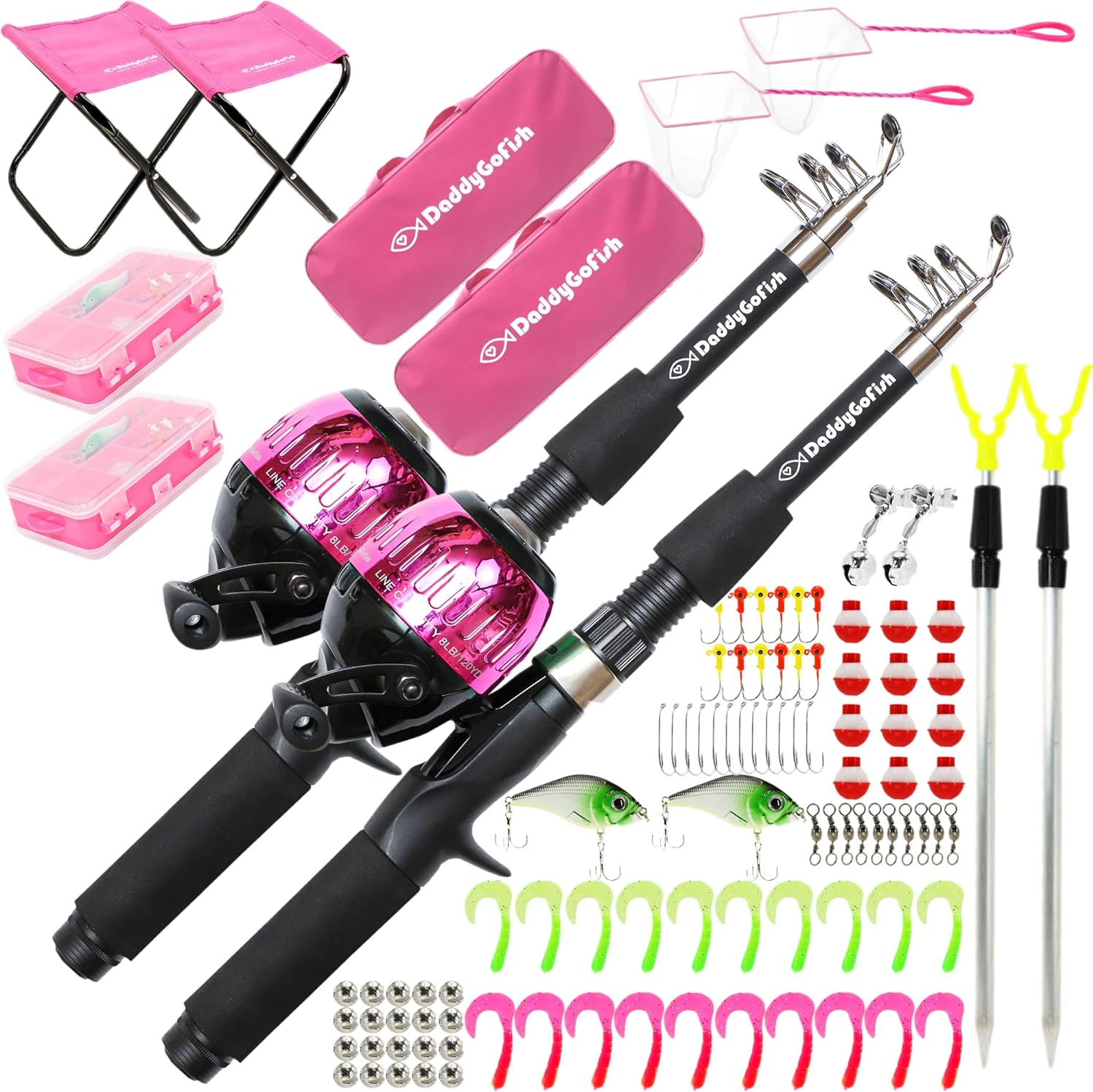 Daddygofish Kids Fishing Pole - Rod Reel Combo Tackle Box Starter Set - First Year Small Dock Gear Kit for Boys Girls Toddler Youth Age Beginner Little Children Junior Anglers