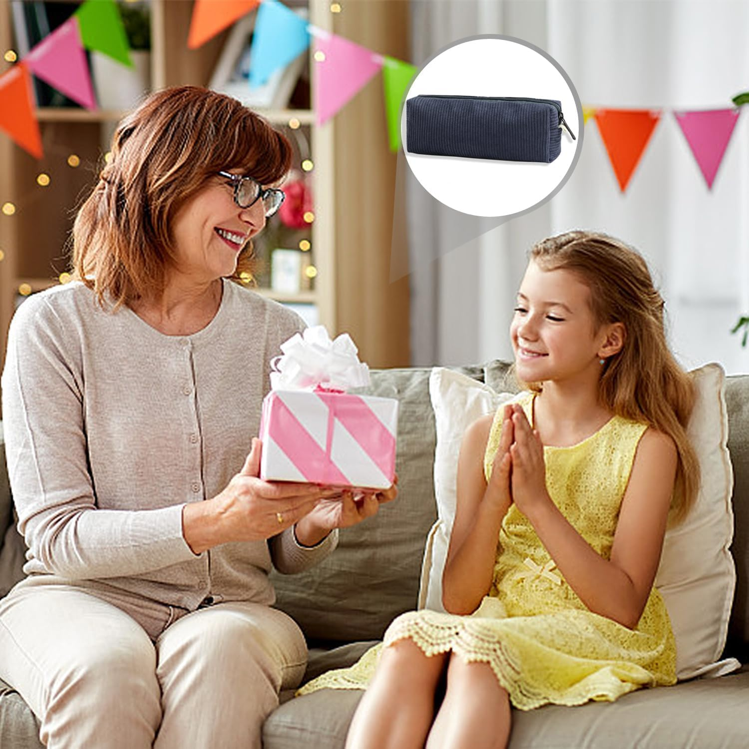 Corduroy Pouch, Large Capacity Storage Bag, Portable Pen Organizer for Kids, Office Stationery, Cute Makeup Pouch for Home, School, Office (Blue) - Black image number 4