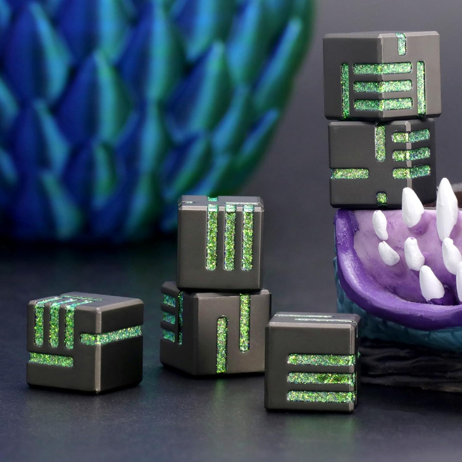 D6 Metal Dice Set 6 Pcs, Unique 6 Sided Die Great for DND Tabletop RPG Dungeons and Dragons Dice Collectors Gifts (D6 Black Green) image number 5