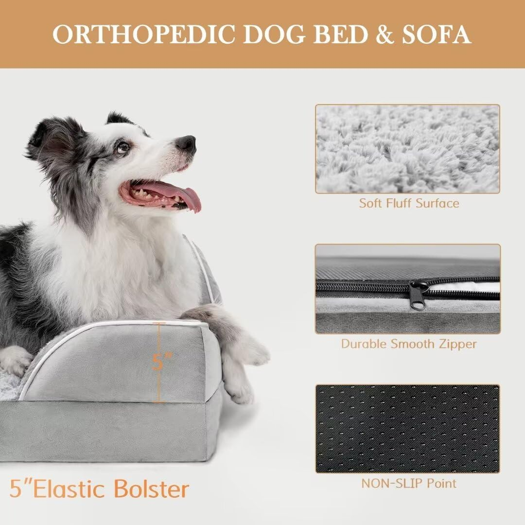 Comfort Expression Dog Bed for Extra Large Dogs, Waterproof Orthopedic Bed, Breed Durable PV Washable Sofa White, with Removable Cover Zipper, Jumbo-45''X35'' image number 1
