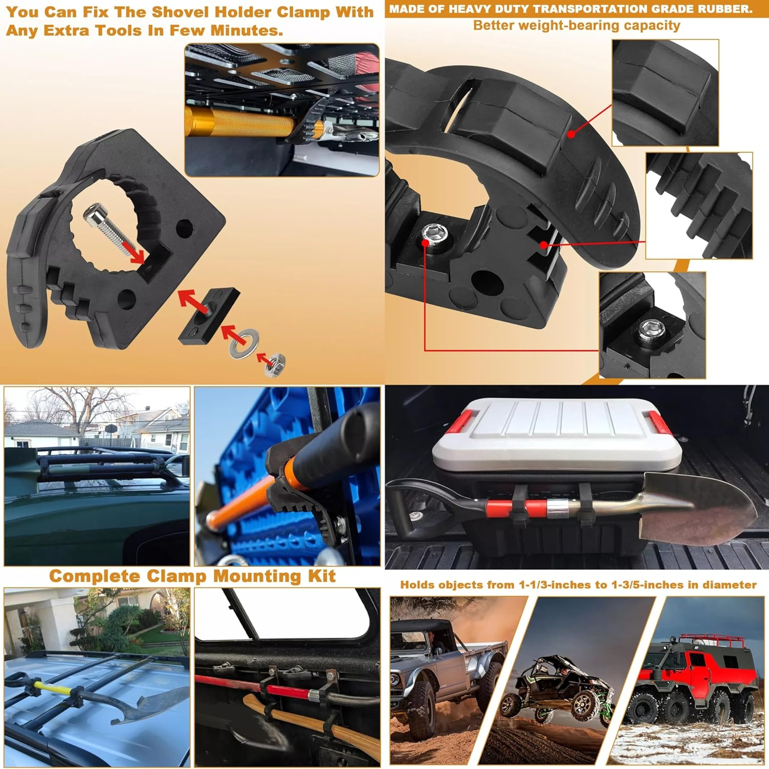 2Pcs Adventure Shovels Bracket,From 1" - 1-1/2" in Diameter Tools,Used by Vehicle on Off-Road Vehicles, Utvs Quick Fist Clamp - Rubber Shovel Holder Mount (2) image number 3