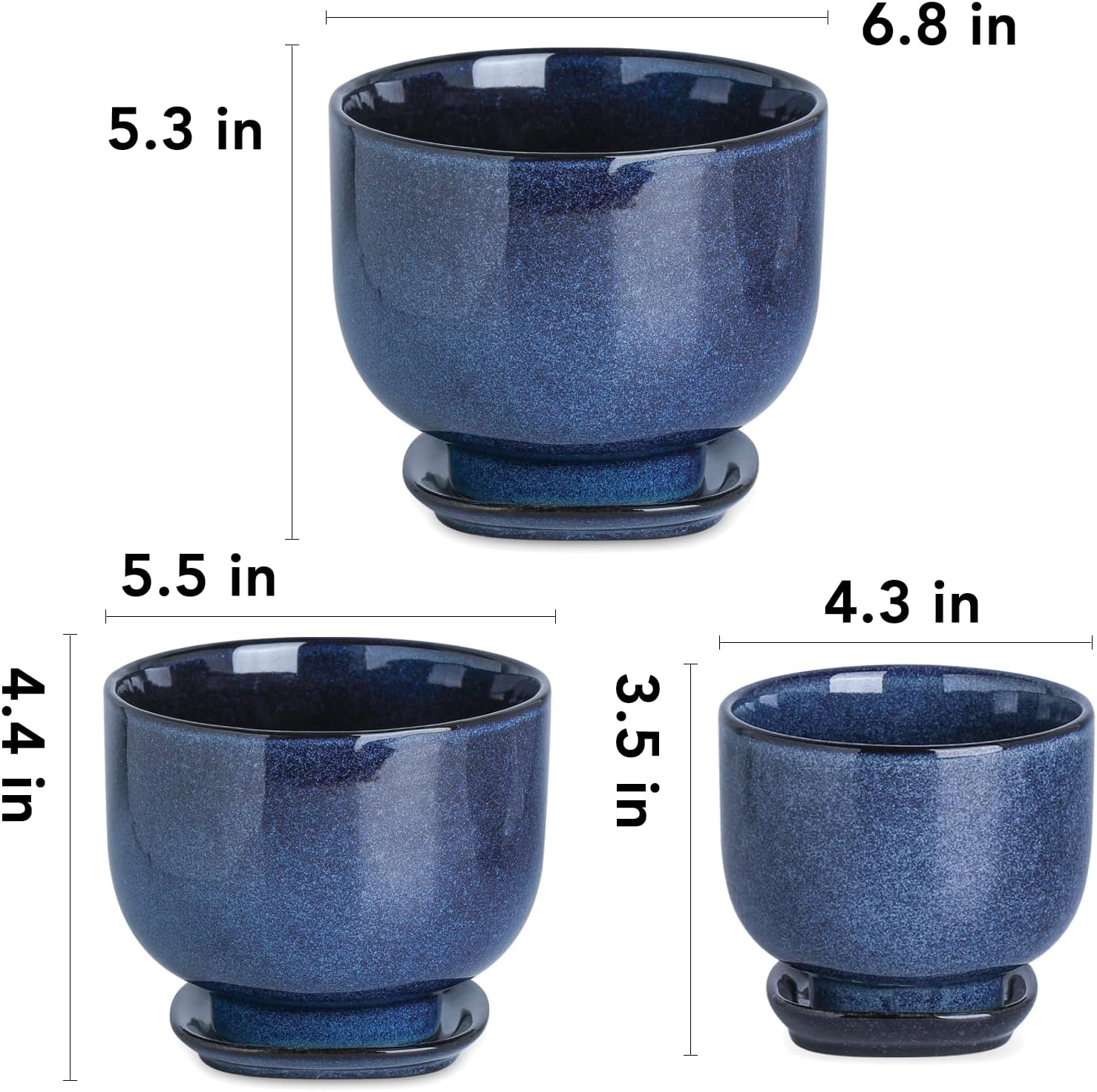 Vicrays Ceramic Plant Pots Indoor - 6.8/5.5/4.3 Inch Planter Pot with Drainage Hole and Saucer for Succulent Orchid Flower Herbs Cactus - Gardening Home Desktop Office Decor &ndash; Set of 3 Blue image number 2