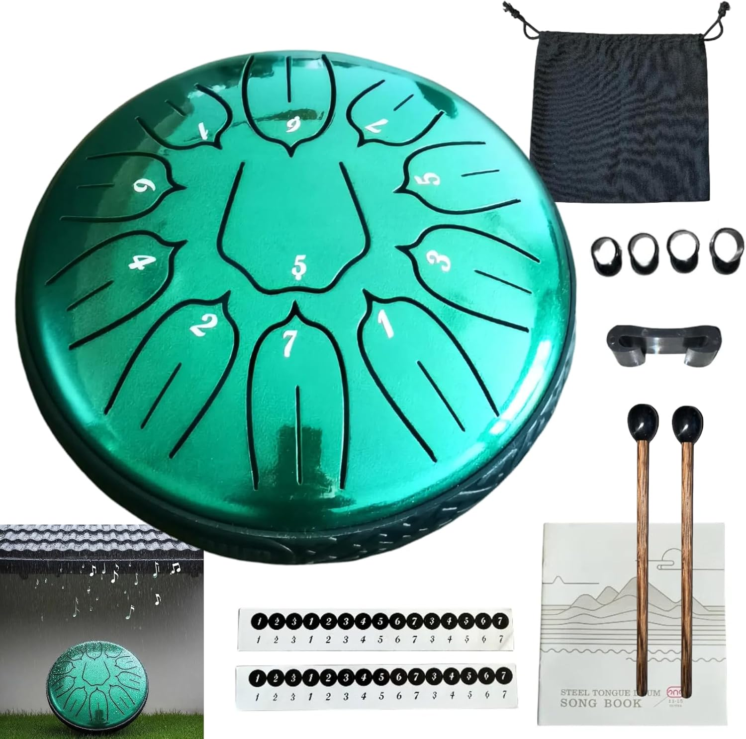 Steel Tongue Drum&Rain Drum - 6" 11-Note Waterproof Percussion | D Tuning | Thick Carbon Steel for Rich Tones | Perfect for Meditation, Yoga & Outdoor Rain Play (GREEN)