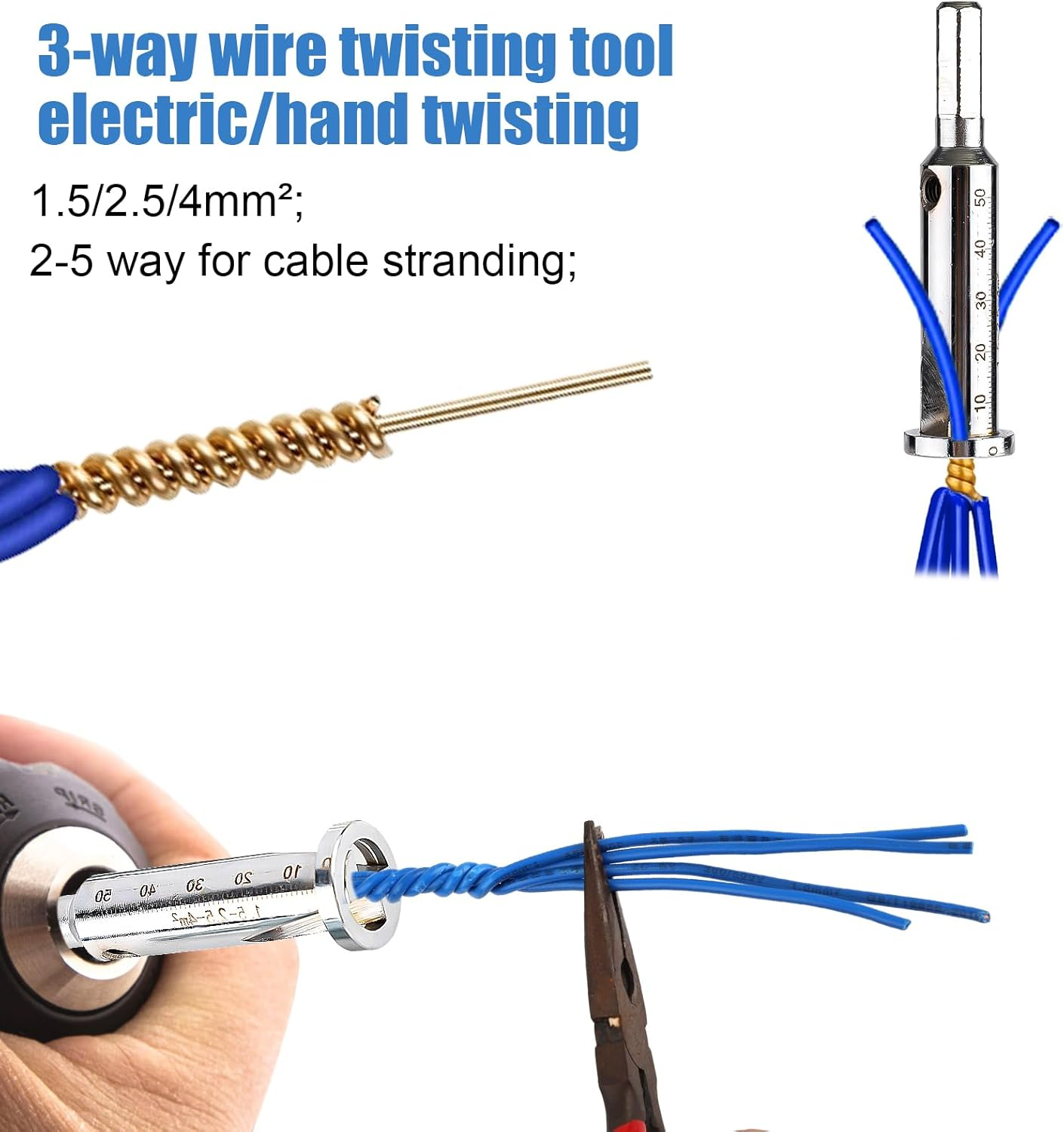 3Pcs Wire Twisting Tool, Wire Twisting Spinner with 4Pcs Screws, 3 Way/ 5 Way Wire Stripping Tool & 6Mm Hex Shank Cable Twister Electrical Wire Twister Connector for Power Drill Drivers Attachment image number 2
