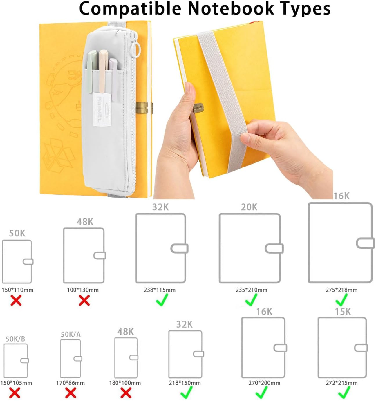 Pen Holder for Notebook, Pen Pouch for Notebook, Small Pen Holder with Adjustable Elastic Band, Slim Pencil Bag Journal Pen Holder Notebook Pen Holder, Zipper Pencil Pouch Makeup Bag - Black image number 2