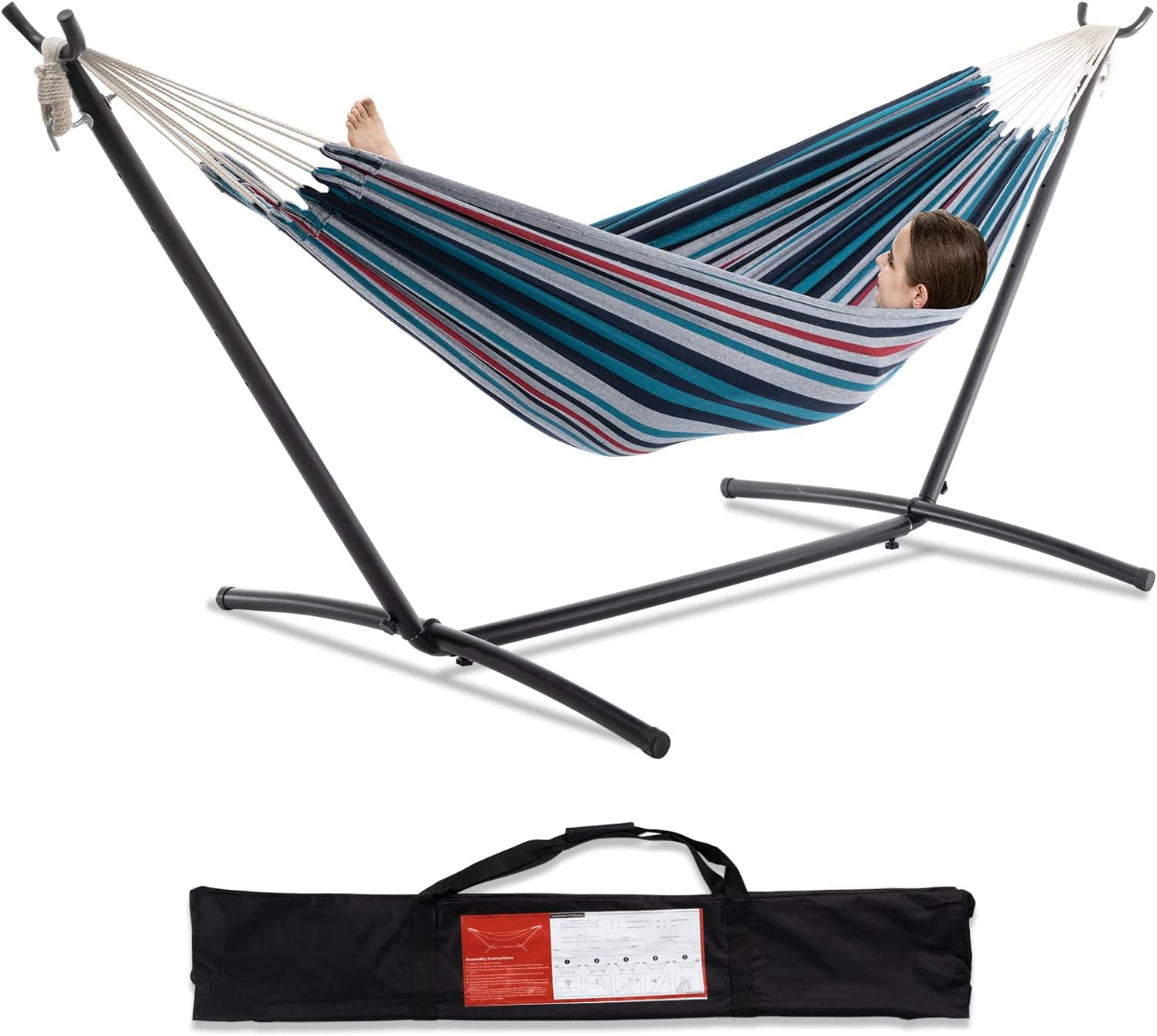PNAEUT Double Hammocks with Stand for Outside, Portable Space Saving Heavy-Duty Steel Stand for Indoor Outdoor Patio, 450 Lbs Capacity (Tropical)