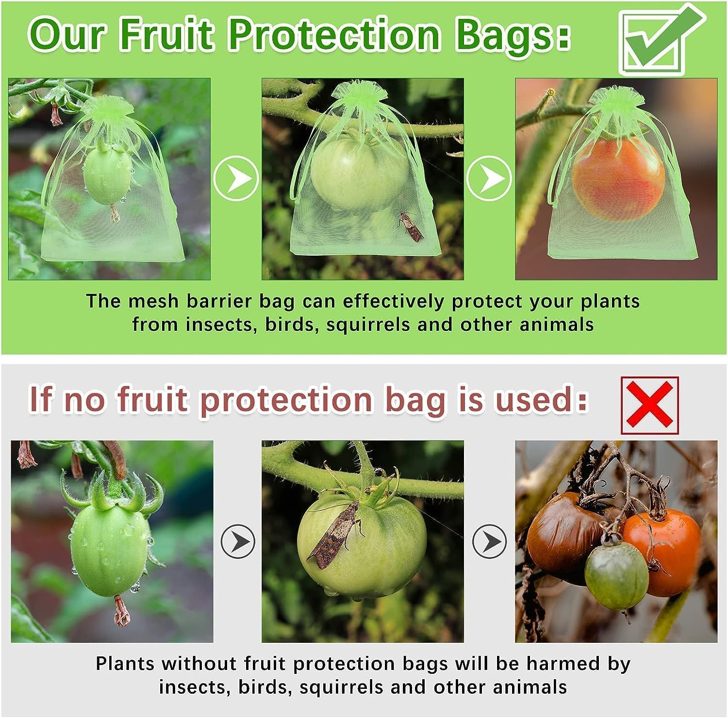 50 Pcs Fruit Protection Bags,Ladiz 5.9 * 7.8Inch Reusable Mesh Drawstring Protectors Bag,Netting Bags for Fruit Trees Plants Vegetables to Protect from Pest Birds and Insects (Green) image number 5
