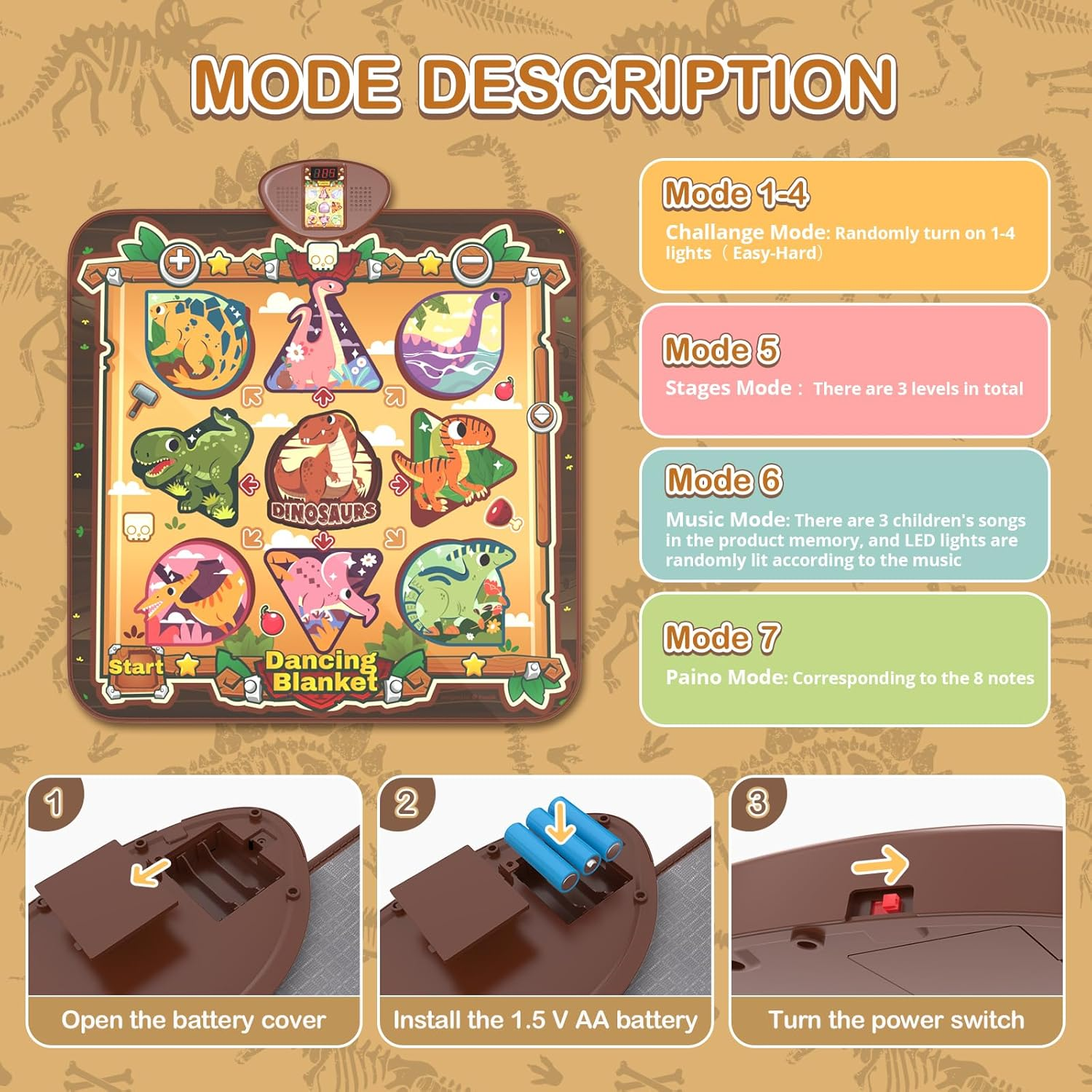 Skirfy Dinosaur Toys, Dance Mat Boys Toys for Kids 3-8, Electronic LED Dance Pad with 7 Games Mode, 5 Challenge Levels, Birthday Girl 3-10 Years Old image number 3