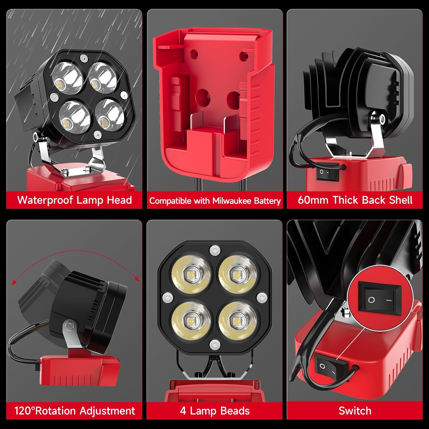 2 Packs LED Work Light for Milwaukee M18 18V Battery, 40W 6000LM Flashlight,18V Battery Cordless Work Light 120&deg;Adjustable with Low Voltage Protection for Outdoors Job Site Lighting image number 1
