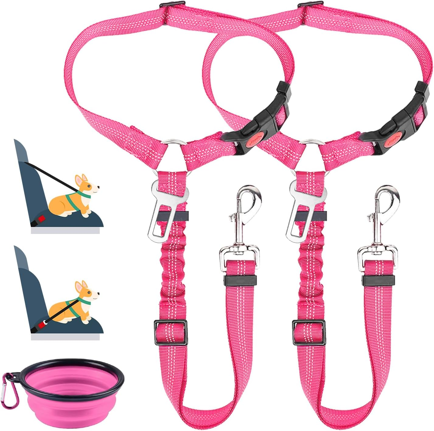 Slowton Dog Car Seat Belt, 2 Pack Headrest Restraint Seatbelt with Bowl, Adjustable Pet Safety Leads with Reflective Elastic for Dog Travel Daily Use (Fluorescent Pink, 2 Headrest + Clip + 1 Bowl)