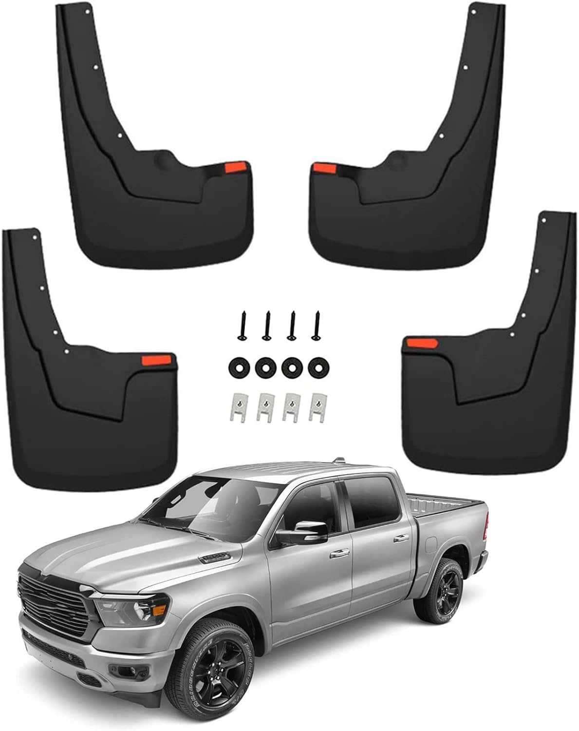Mud Guards Flaps Compatible with 2019-2024 Ram 1500 (New Body Style) with OEM Fender Flares, Front & Rear Set - Black (NOT for Classic or TRX Models)