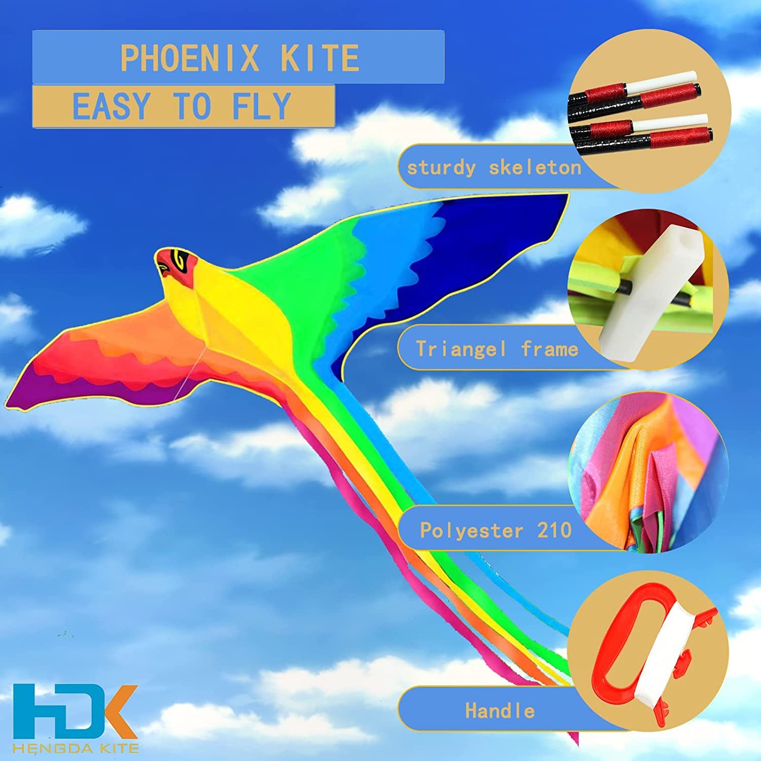 HENGDA Kite-Strong Phoenix for Kids & Adults, with Long Colorful Tail!Huge Beginner Colorful Rainbow Bird Phoenix Kites 74-Inch Come with String and Handle