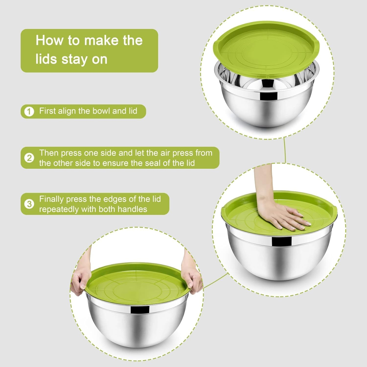 Mixing Bowl Set of 5, Stainless Steel Mixing Bowls with Airtight Multicolord Lids, Salad Bowls Size 4.5L/3.5L/2.5L/2L/1.4L,Multifunctional Bowls with Lids for Baking,Cooking,Food Prep image number 2