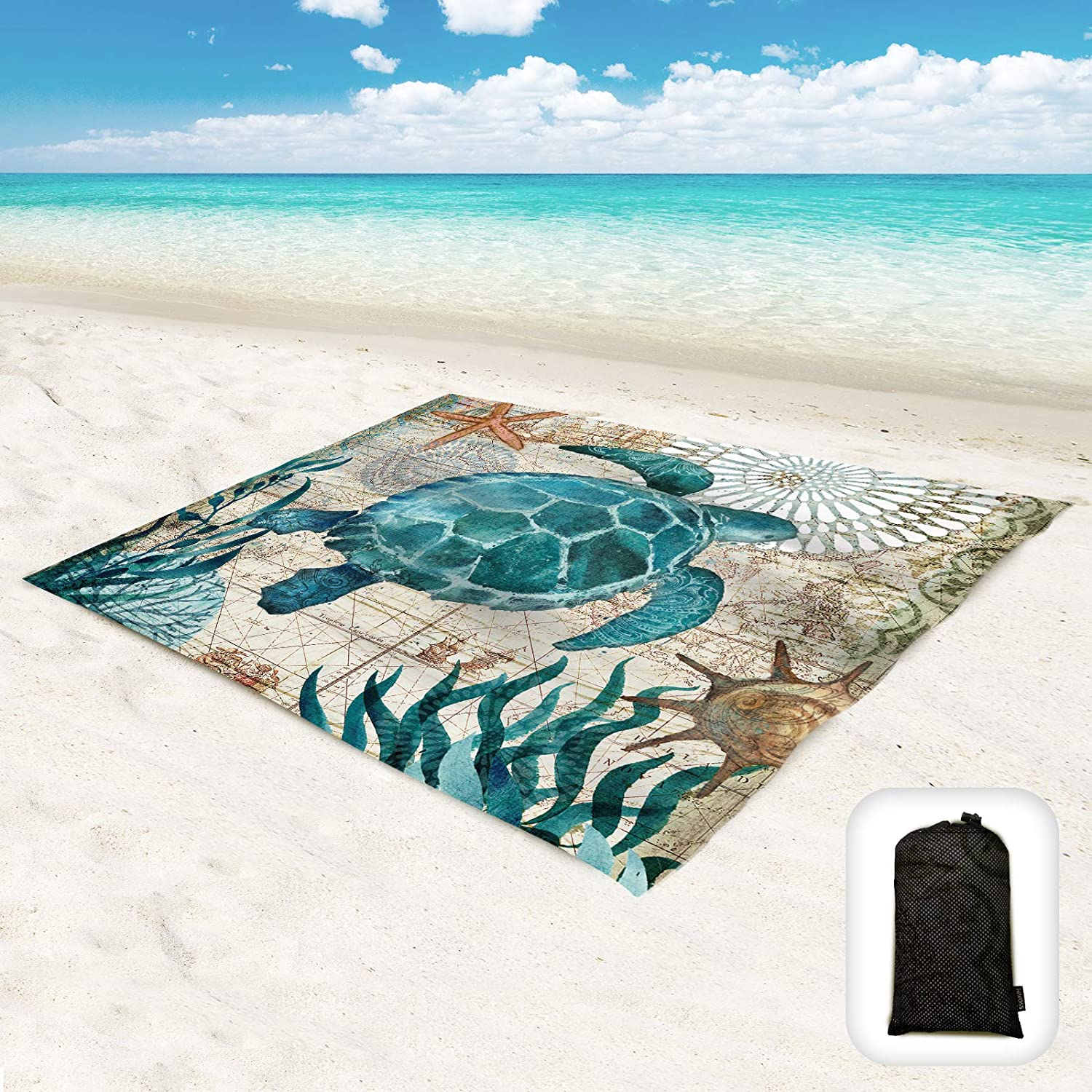 Beach Blanket Waterproof Sandproof Oversized 95&rdquo;X 80&rdquo;,Sand Free Beach Mat with Corner Pockets,Portable Mesh Bag for Beach Festival,Picnic,Travel and Outdoor Camping (Seaturtle)
