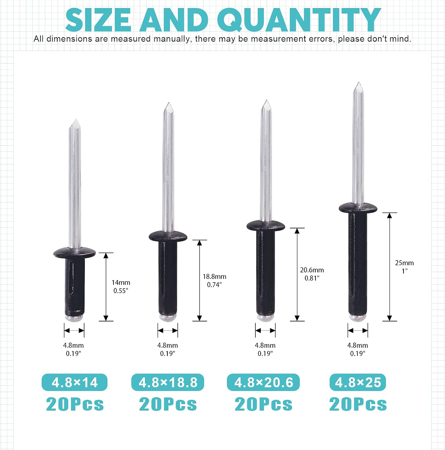 80Pcs 3/16" Long Grip Tri-Grip Rivets Tri-Fold Tri Bulb Long Pop Mounting Rivet Kit for Kayak and Boat Accessories - 70, Silver image number 4