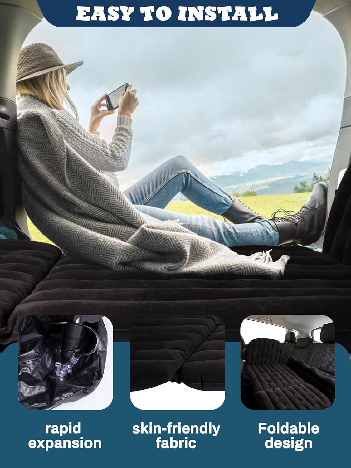 Car Air Mattress, Inflatable Back Seat Mattress, Thickened, for SUV, Home, Camping, Travel, Black image number 5