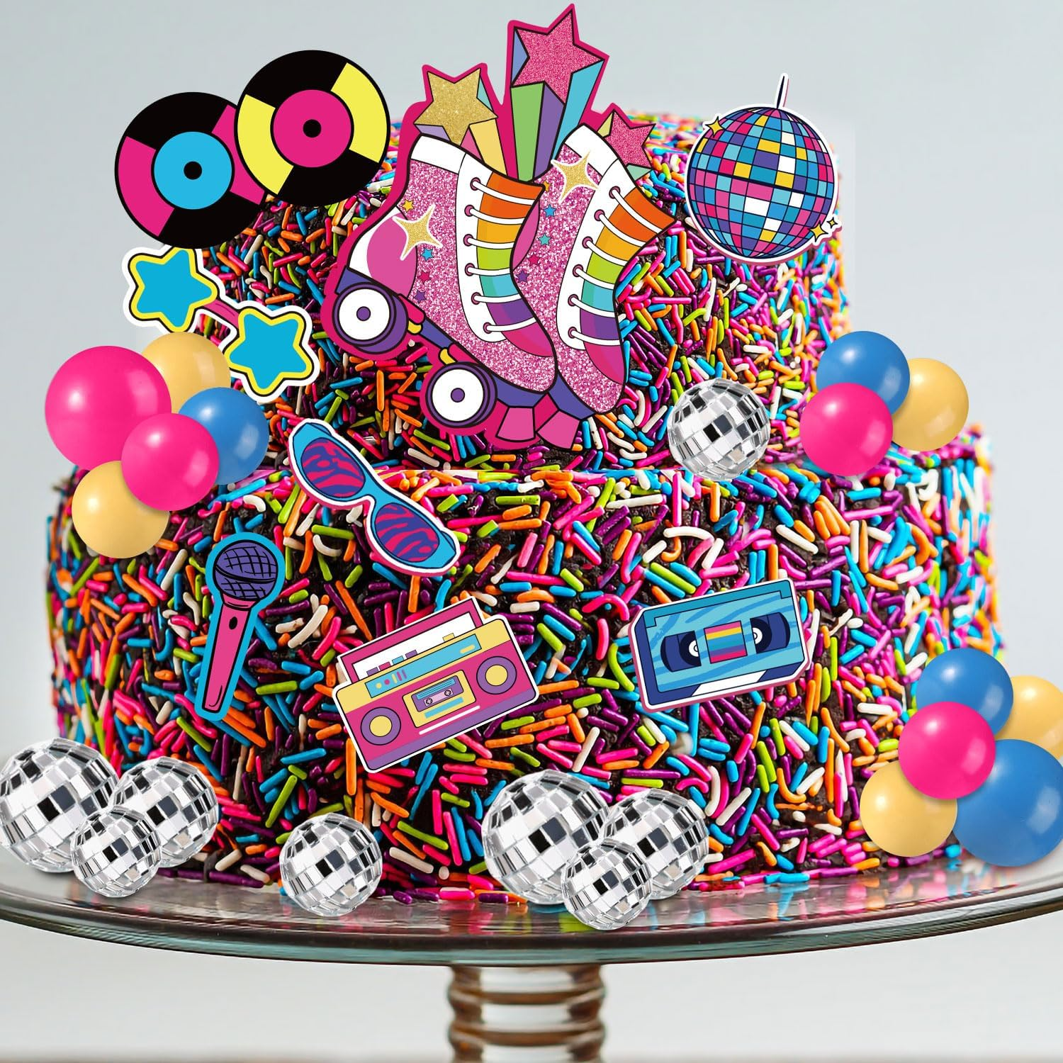 31Pcs Roller Skate Cake Toppers, Disco Ball Cake Topper Retro 80S 90S Cake Toppers Hip Hop Theme Cake Decorations Rolling Skate Party Decorations image number 1