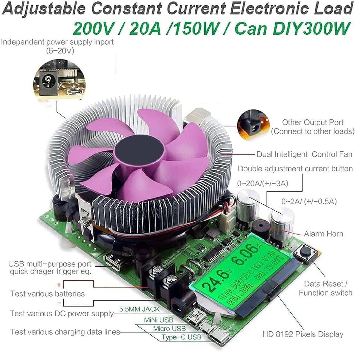 Electronic Load Tester 150W 20A Resistor Adjustable Constant Current Battery Capacity Tester Power Tester image number 6