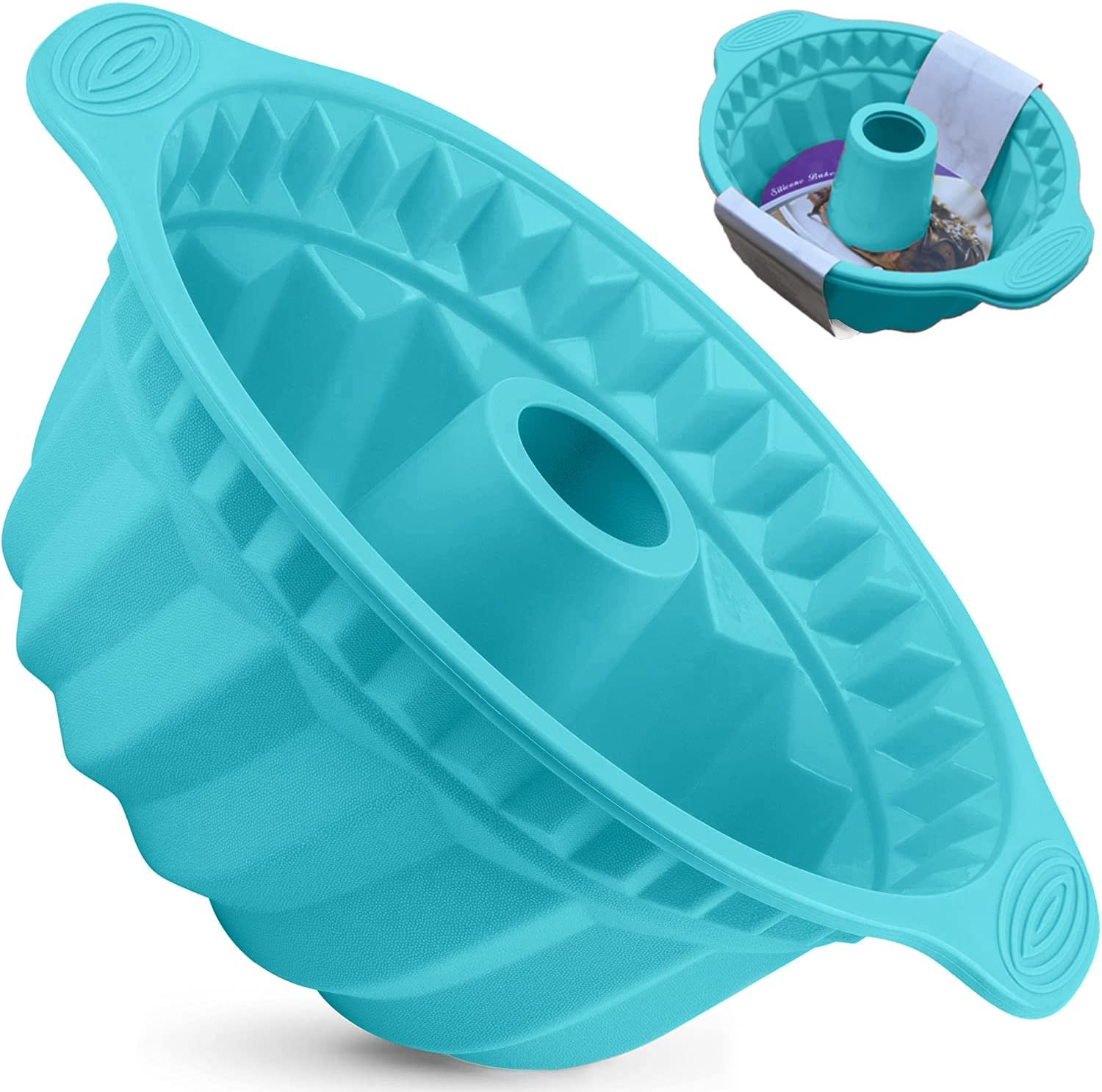 Kenond Silicone Fluted Pans, Non-Stick with Sturdy Handle, Baking Molds, Perfect Bakeware for Cake, Jello, Gelatin, Bread, Para Gelatinas, 9.5 Inch (Blue)