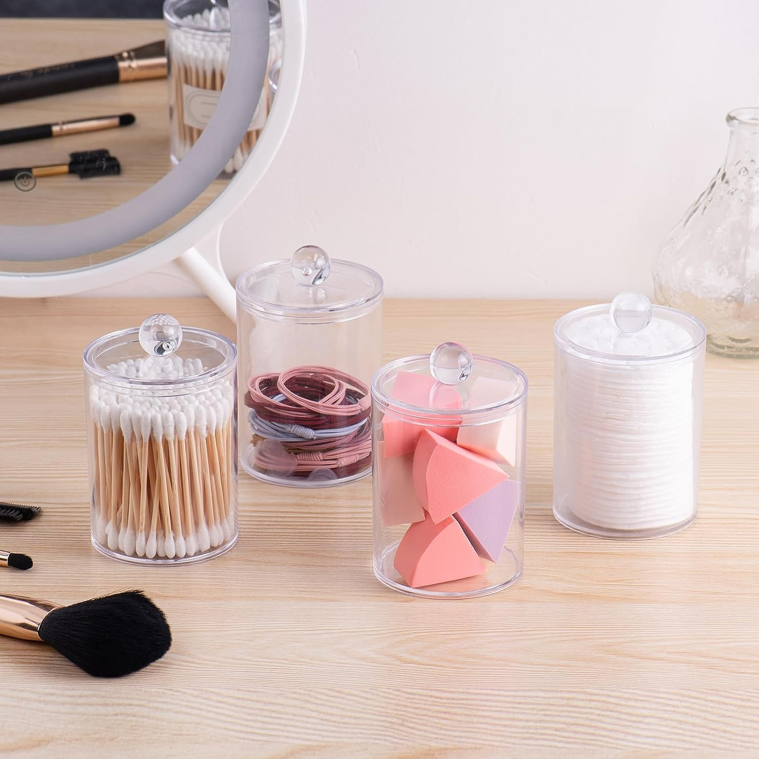 3 Pack Qtip Holder,Apothecary Jars Cotton Ball Holder Dispenser,Bathroom Jars with Lids Set for Cotton round Swab,10Oz Clear Plastic Canisters Restroom Bedroom Vanity Organizer image number 3