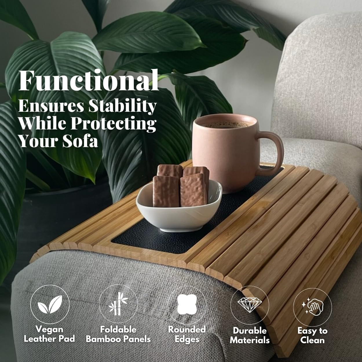 Bamboo Sofa Arm Tray Table for Couch Flexible/Foldable for Drinks Snacks Remote Control or Phone