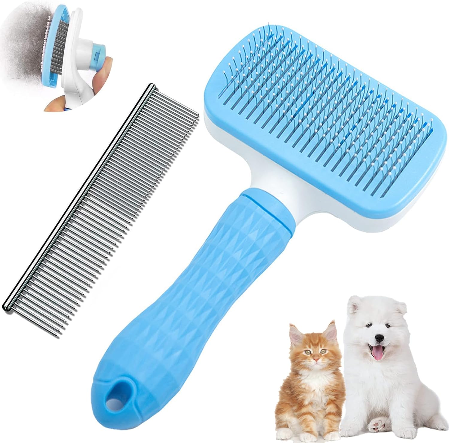 Cat Brush,Dog Brush,Self Cleaning Slicker Cat Brush for Grooming Long Short Haired Dog Cats,Cat Brushes for Indoor with Metal Comb for Removes Mats, Tangles, and Loose Hair(Blue)