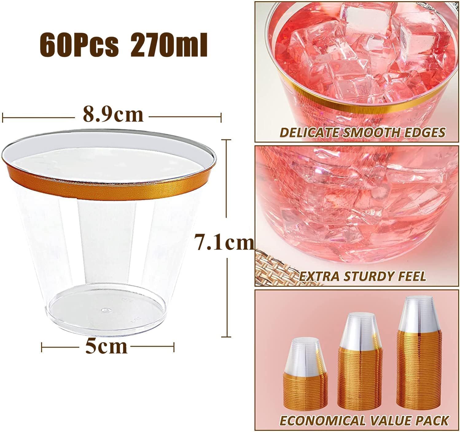 LATERN 60Pcs Gold Rimmed Plastic Cups, 270Ml Plastic Tumblers Reusable Drink Cups Elegant Party Wine Glasses for Champagne Beer Cocktail Martini Soda Dessert (8.9 X 7.1Cm) - Transparent image number 6