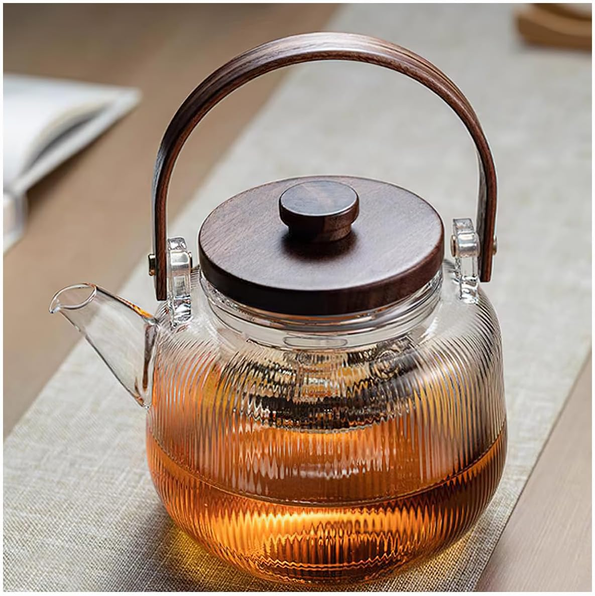 Borosilicate Clear Tea Pot, 1000Ml (33.8Oz) Glass Teapot Kettle with 2 Type Removable Infuser and Wooden Lid, Gas & Electric Stovetop Safe, for Blooming Flower Tea and Loose Leaf Tea