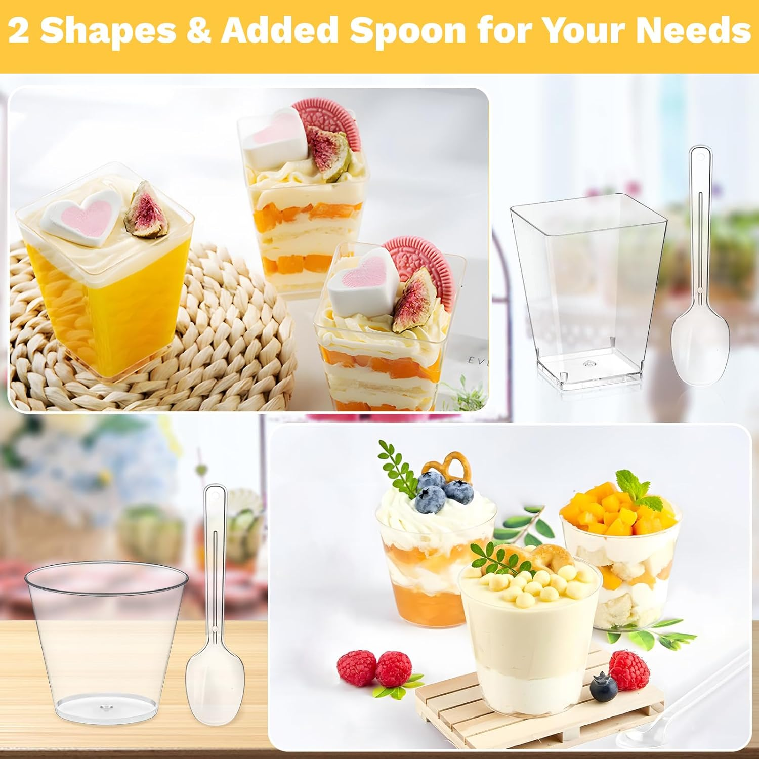 60 Pcs Clear Plastic Dessert Cups with Spoons, 200Ml/7Oz ＆150Ml/5Oz Small Reusable Plastic Dessert Cups for Party, Birthday, Appetizer, Puddings, Mousse, Yogurt & Ice Cream image number 4