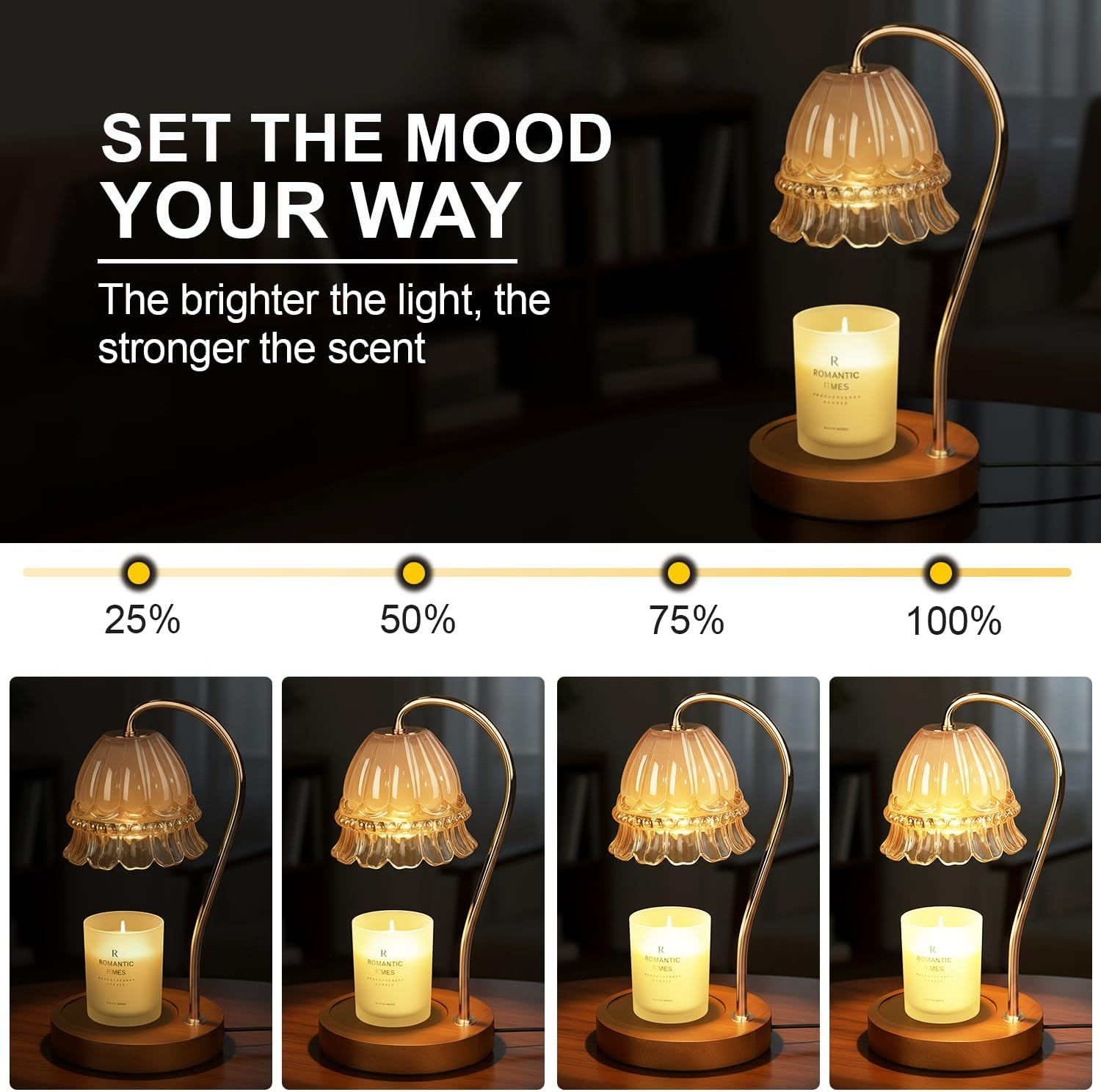 Vintage Candle Warmer - Aromatherapy Lamp with Timer | 4-Level Dimming and Infinite Dimming | Glass Shade | Wooden Base | Includes Two 50W G10 Halogen Bulbs | Elegant Home Decor (Yellow) image number 2