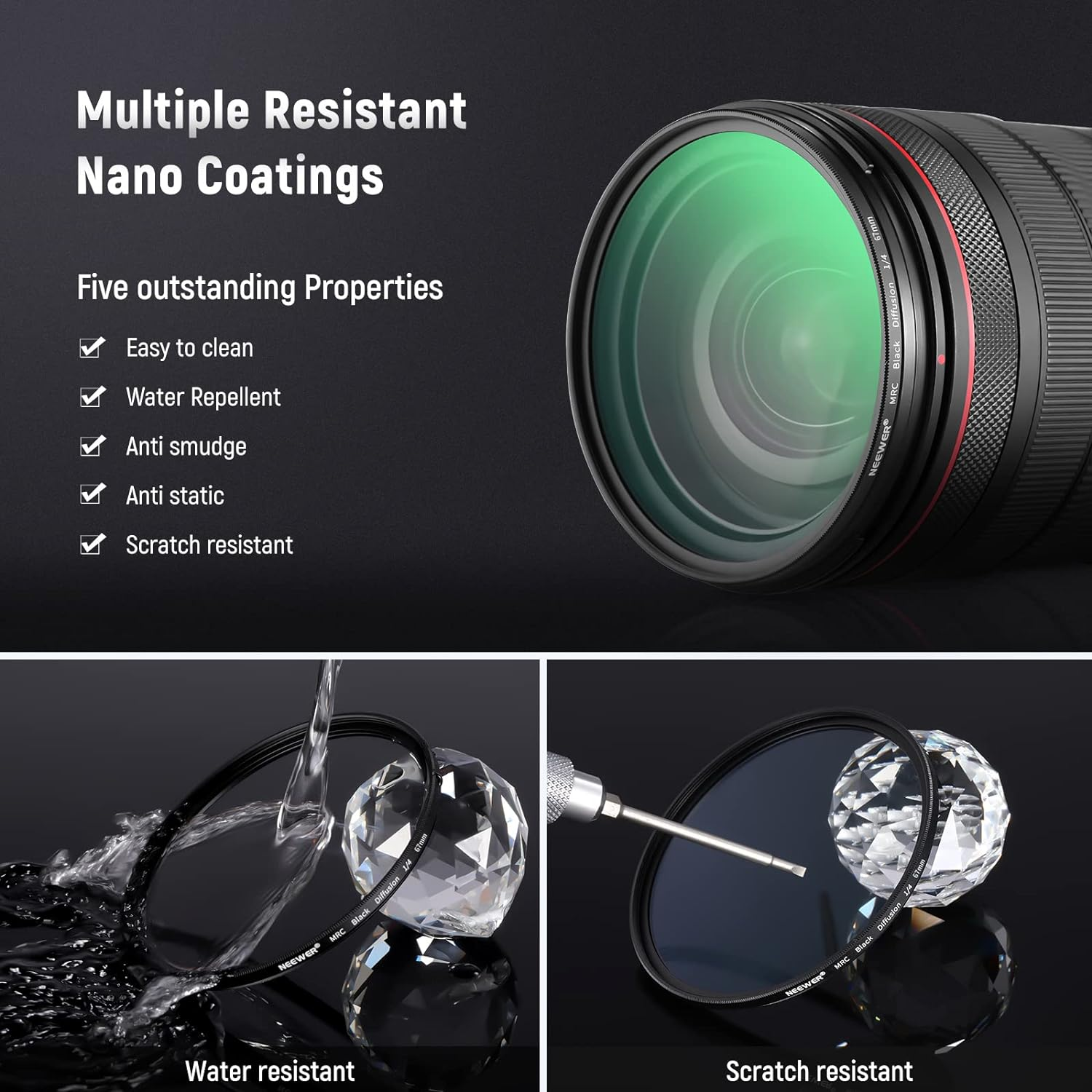NEEWER 2 Pcs 67Mm Black Diffusion Lens Filter Kit, 1/4 & 1/8 Dreamy Cinematic Effect Filters with Storage Cases, Cleaning Cloths, Multi Nano Coated HD Optical Glass for Video/Vlog/Portrait Shot