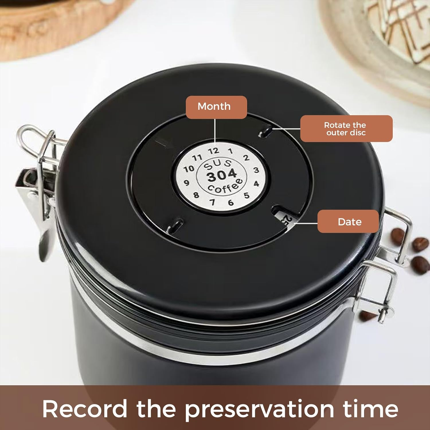 1.8L/60Oz Large Stainless Steel Coffee Canister，With Airtight Seal BPA Free Silicone Lid for Fresh Coffee Bean Storage Coffee Container Includes Coffee Spoon Ideal for Tea Sugar and Grains（Black） image number 3