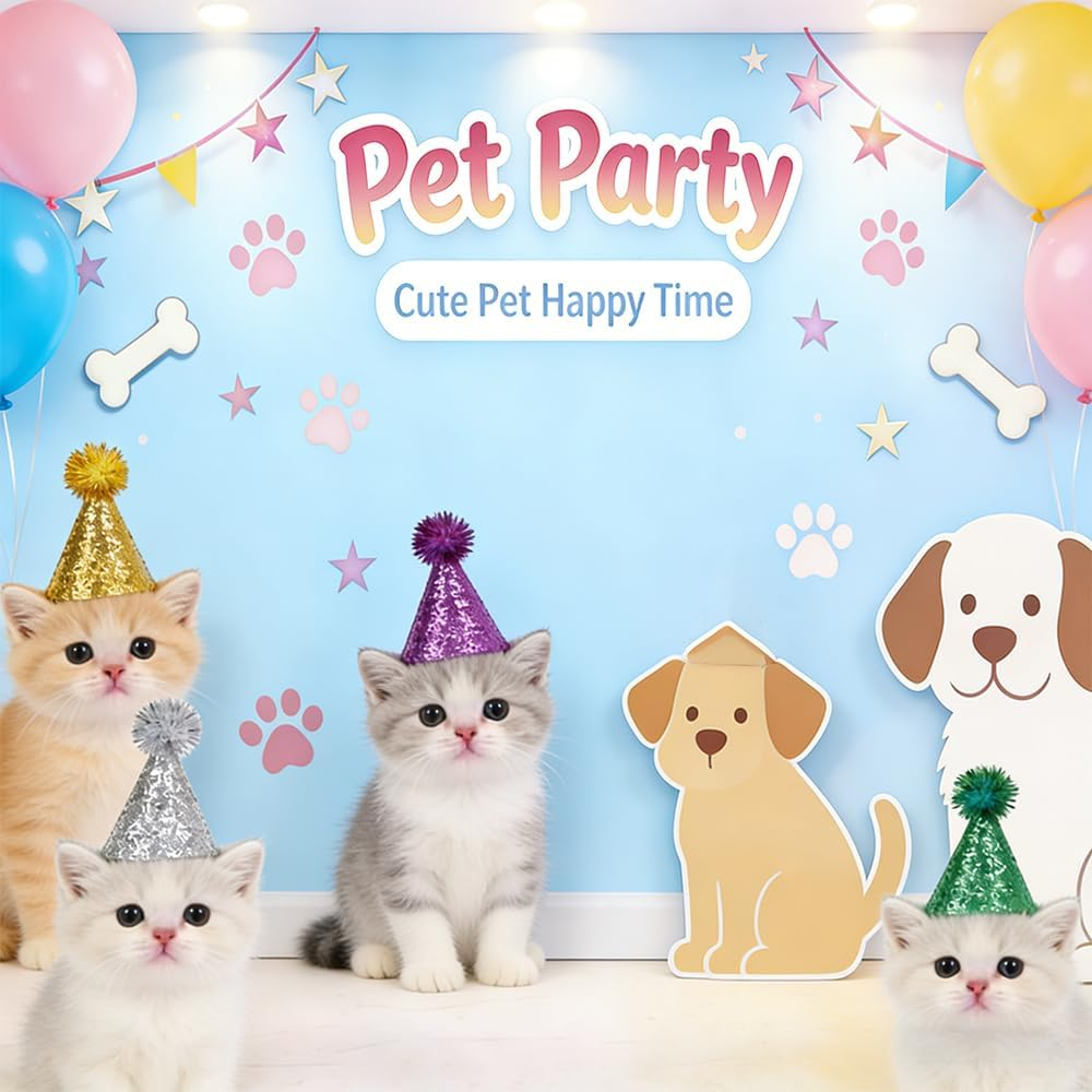 Pet Party Hats with Pom Pom, 8 Pack, Adjustable Mini Birthday Hats for Small Dogs and Cats, Reusable image number 6