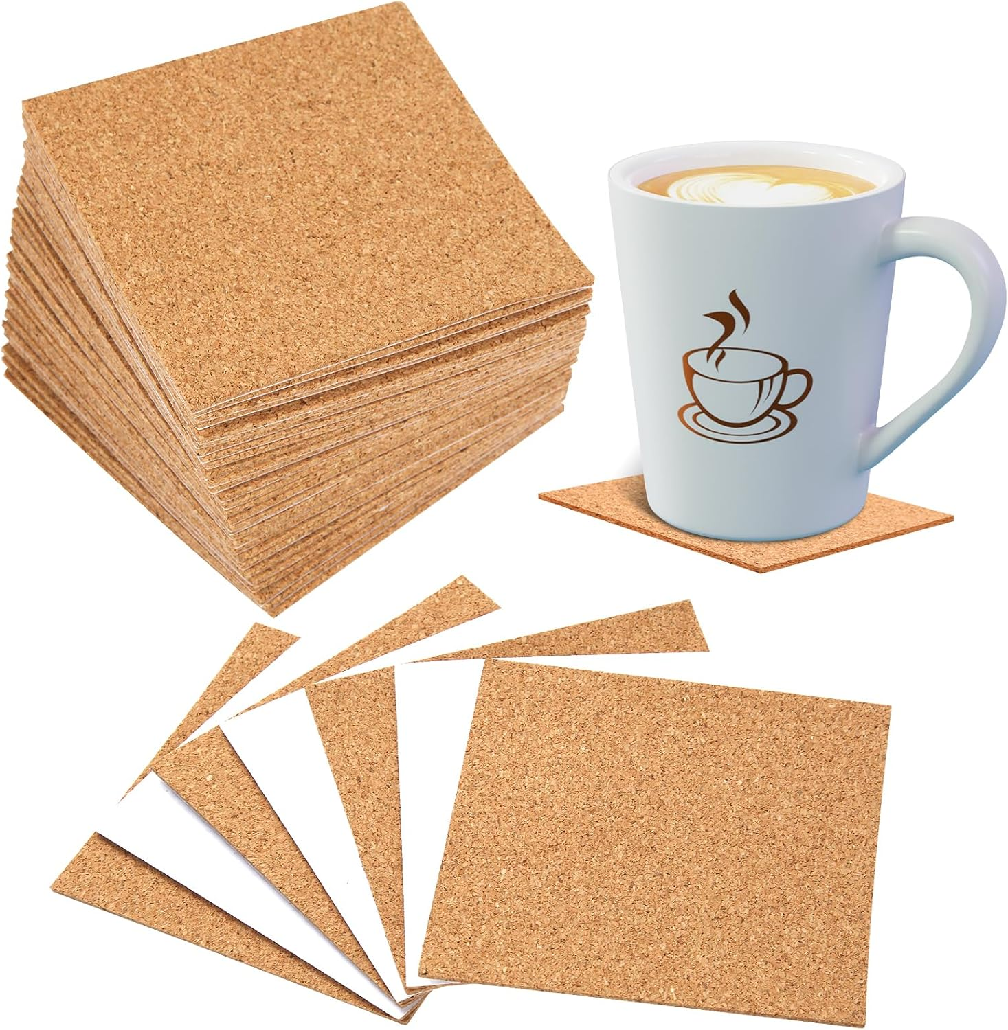 YBVABE Self-Adhesive Cork Coasters Squares 10X10Cmx2Mm &ndash; 60 Pack Thin Cork Sheets for DIY Crafts, Wall D&eacute;cor & Drink Protection &ndash; Natural Lightweight Coasters Pads for Home or Office image number 1