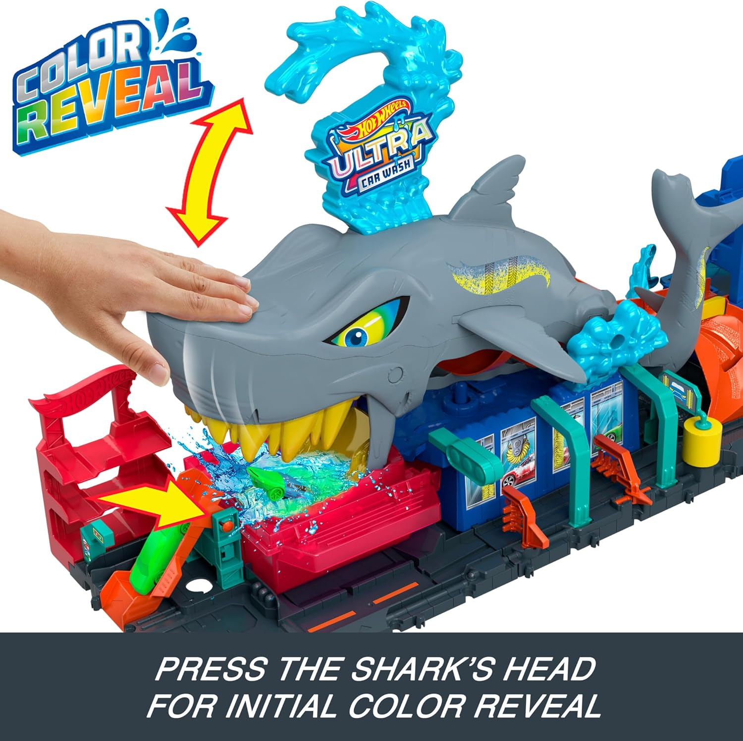 Hot Wheels City Track Set, Ultra Shark Car Wash with 1:64 Scale Color Reveal Toy Vehicle, Repeat Color-Change Feature, Storage image number 6