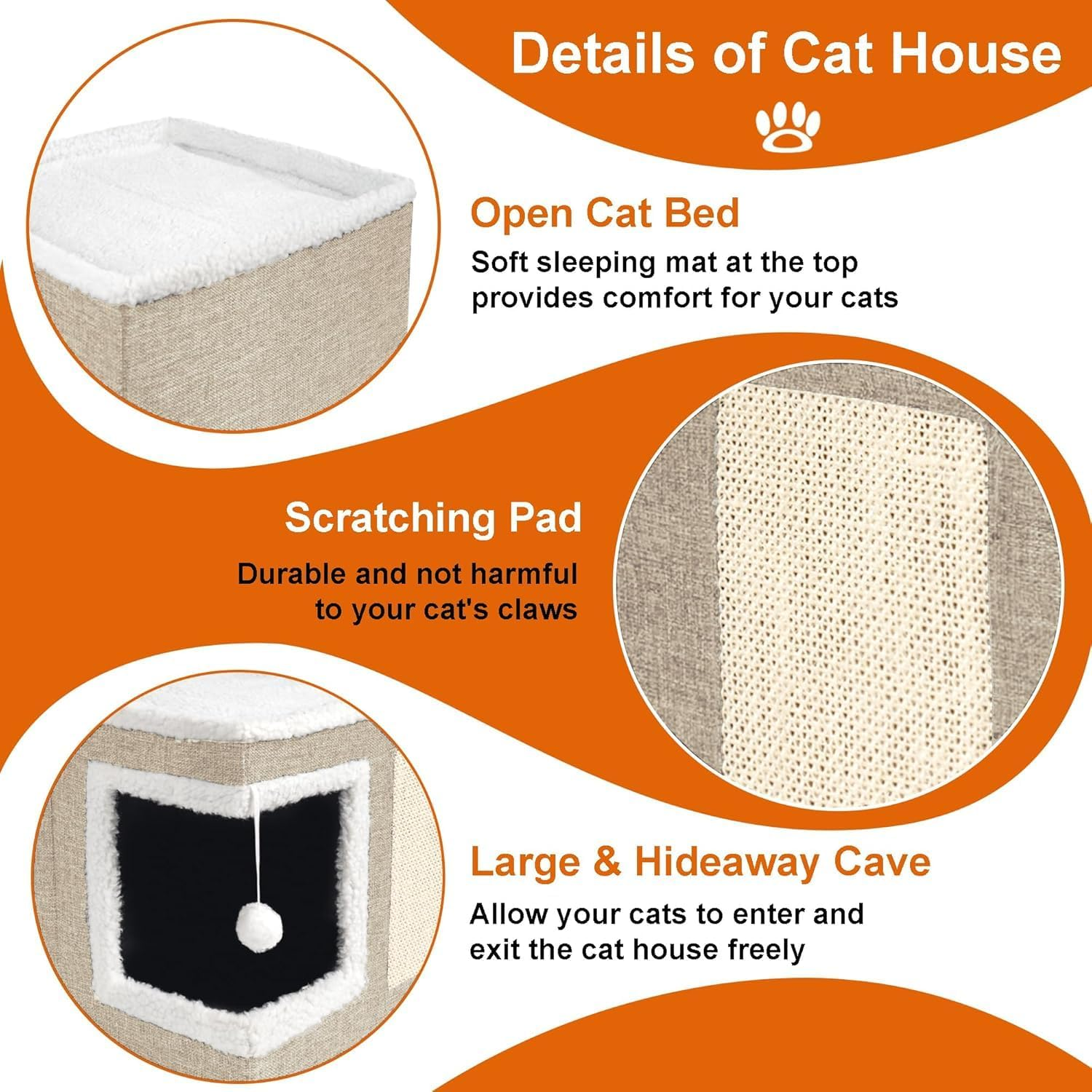 Cat Houses for Indoor Cats - Large Cat Bed Cave with Scratching Pad and Fluffy Ball, Foldable Cat Condo Hideaway with Reversible Cushion for Multiple Small Pets, Khaki image number 2