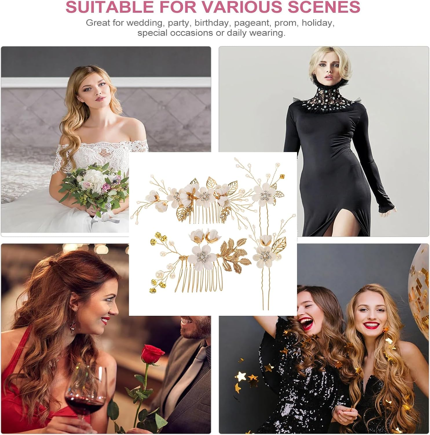 4Pcs Bridal Wedding Hairpins, Bridal Hair Comb Crystal Hair Clips Pearl Flower Hairpin Rhinestone Hair Side Combs Hair Clips Wedding Hair Accessories Headpiece for Brides and Bridesmaid image number 3