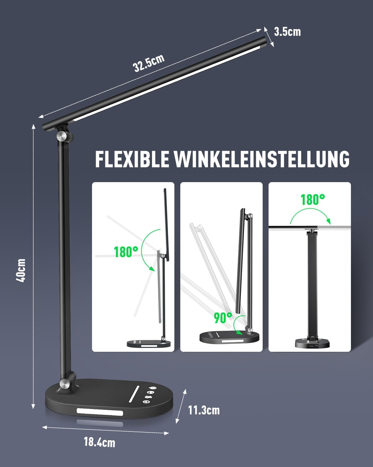 HASKARE Desk Lamp LED Dimmable Table Lamp, 5 Colour Modes and 5 Brightness Levels, Anti-Glare Eye Protection Desk Lamp, USB Charging Port, with 5V/2A Power Adapter - Schwarz image number 5
