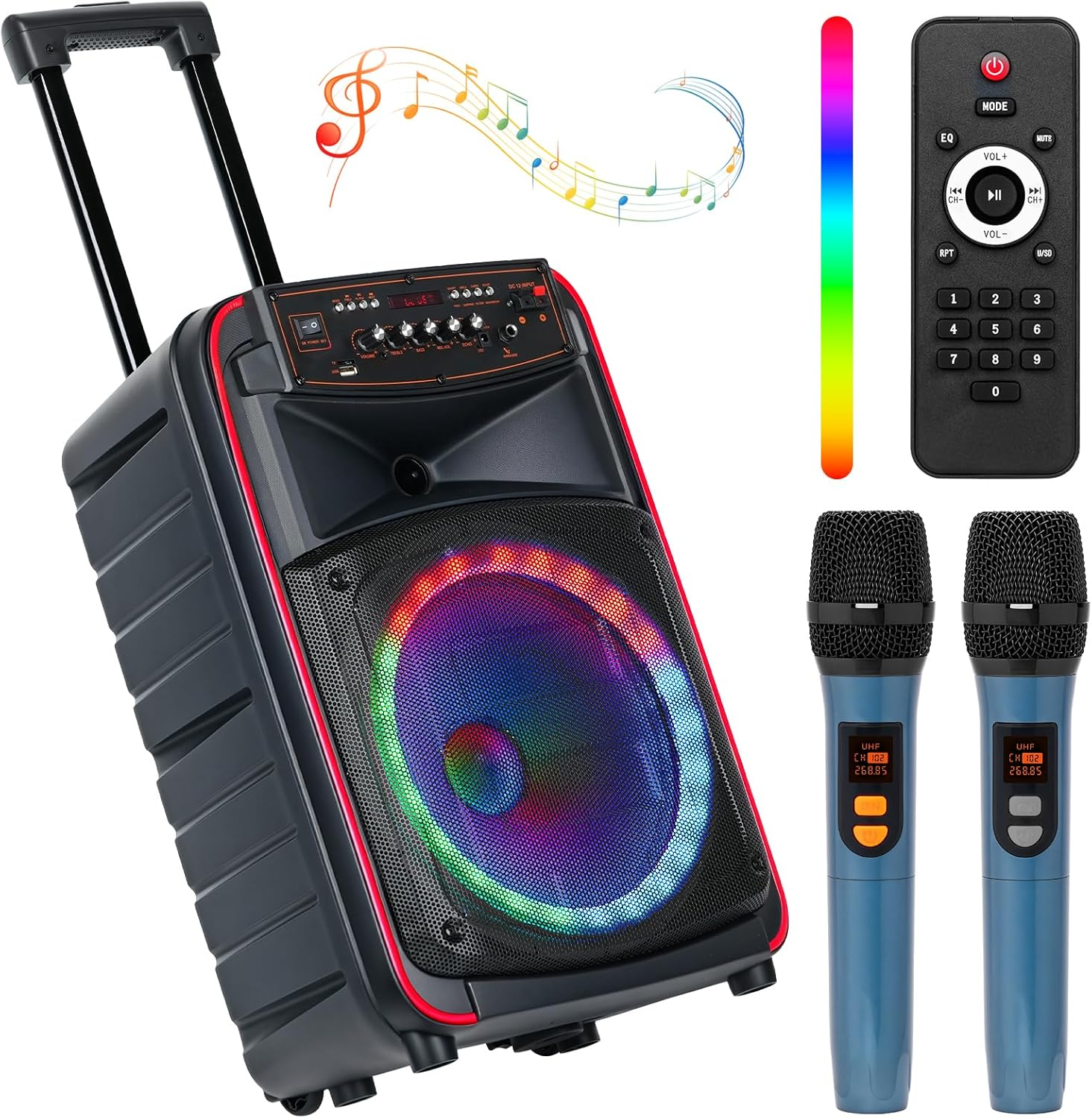 Advwin Karaoke Machine for Adults, Portable Bluetooth Karaoke Speaker for Outdoor Home, Singing Machine W/2 Wireless Microphones, Party Light, Echo/Treble/Bass Adjustment, Supports TWS/AUX/USB/TF/FM image number 2